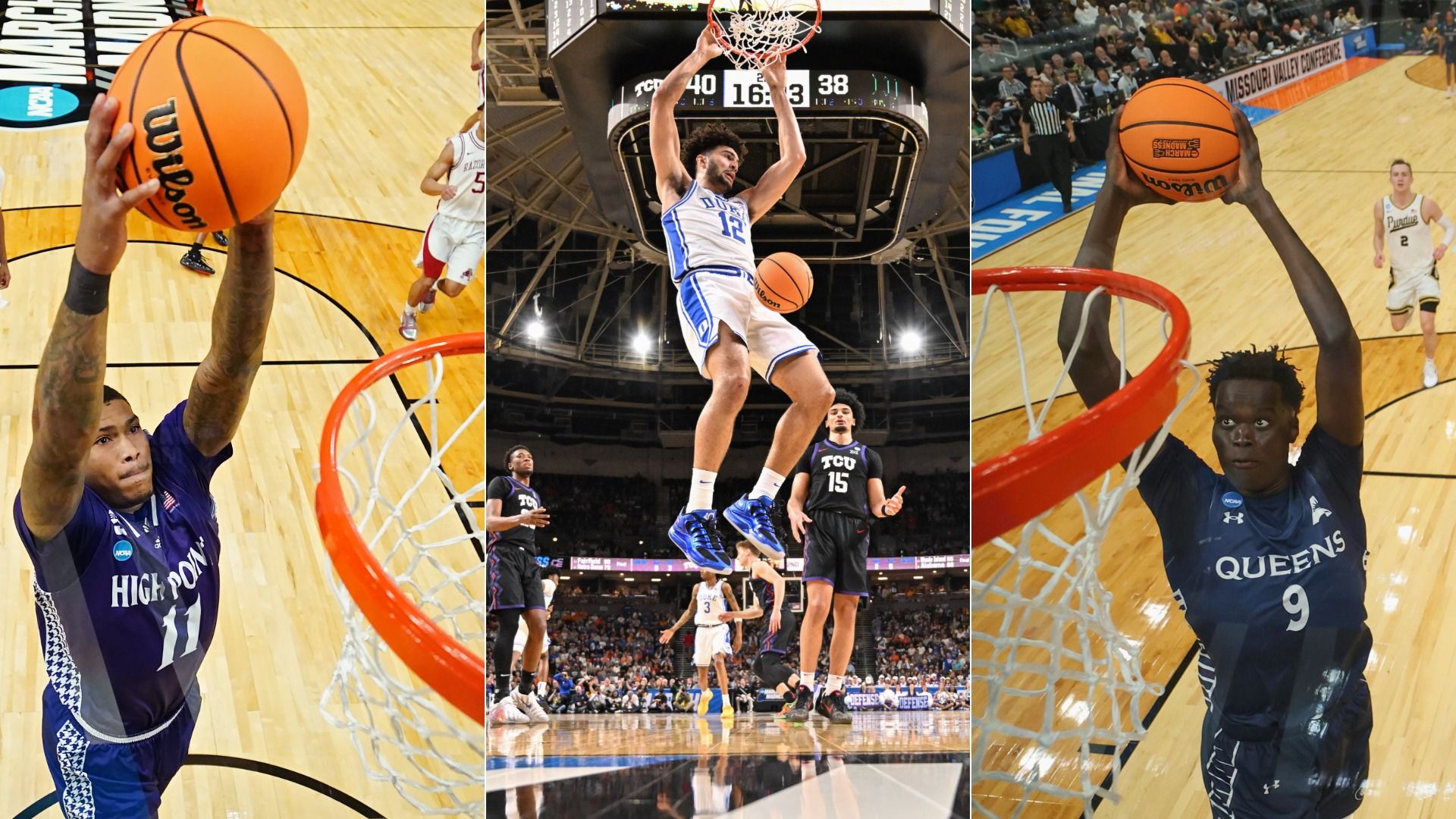 NCAA tournament players dunk. 