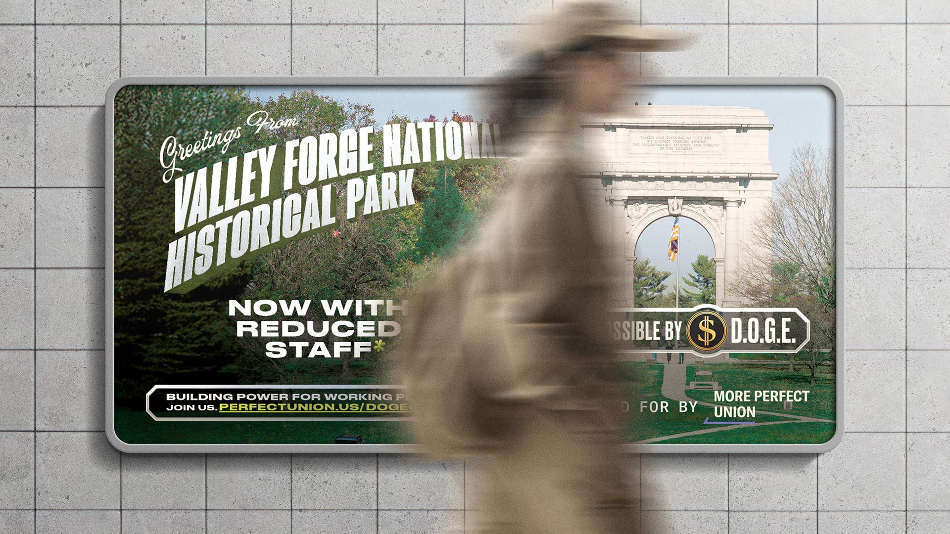 A billboard that says, "Greetings from Valley Forge National Historical Park."