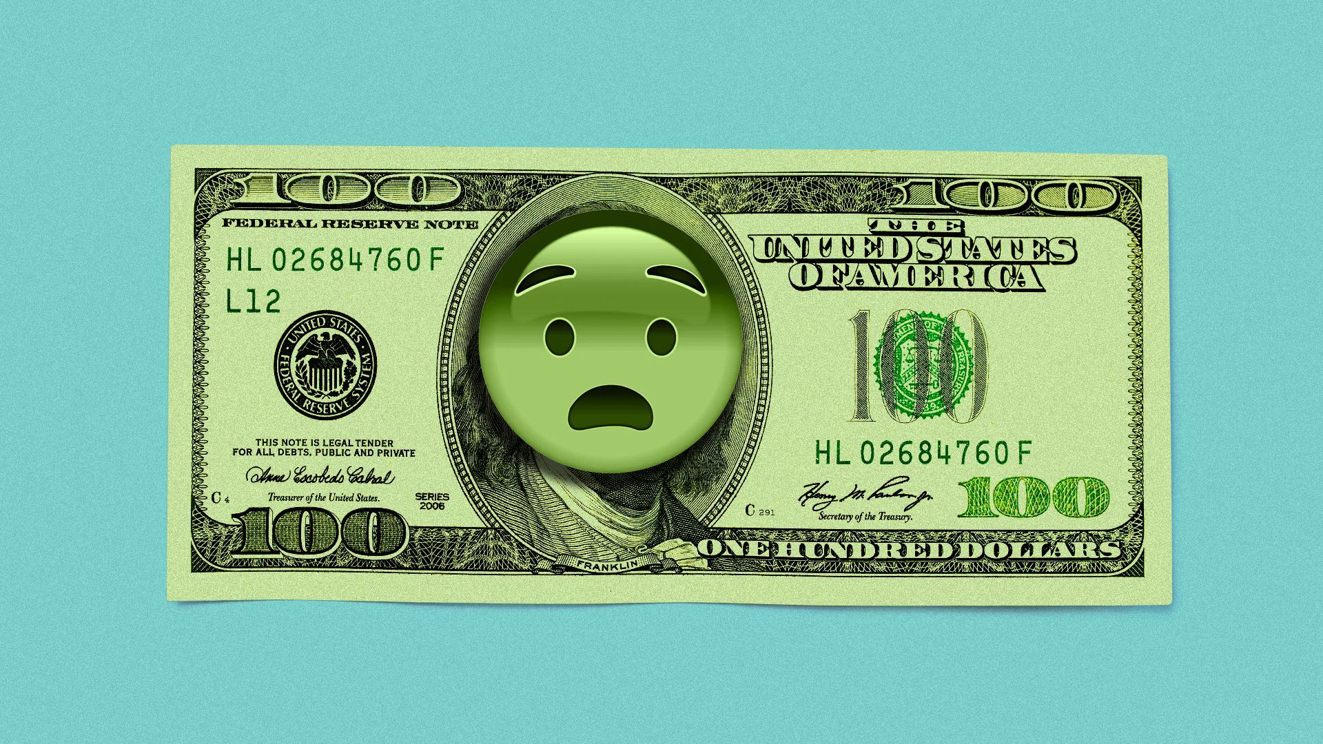 Illustration of a hundred dollar bill with the fearful/scary emoji over Benjamin Franklin's face. 