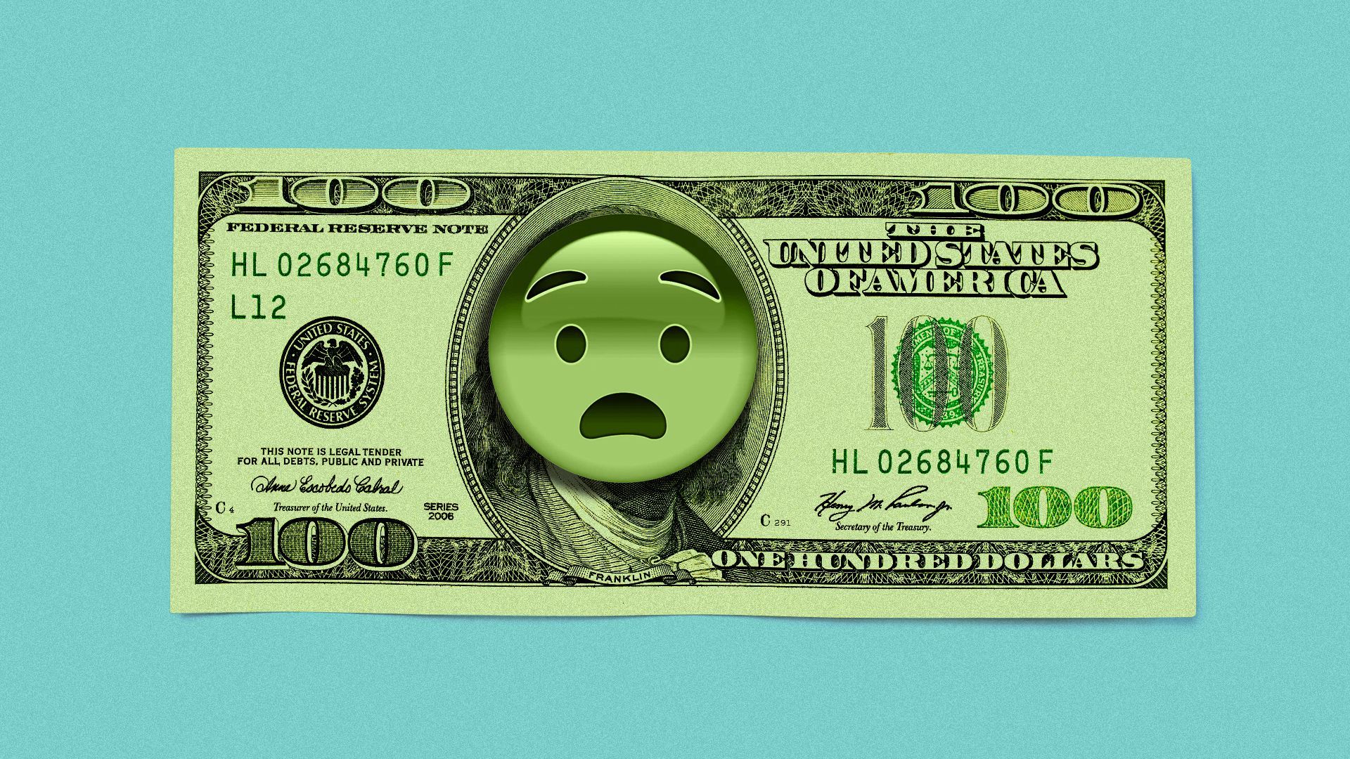 Illustration of a hundred dollar bill with the fearful/scary emoji over Benjamin Franklin's face.