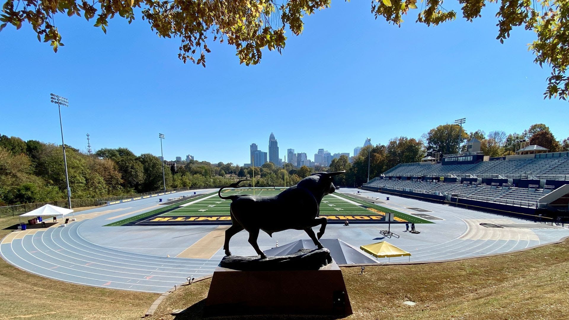 The Cut at JCSU with the Charlotte skyline in the background. 
