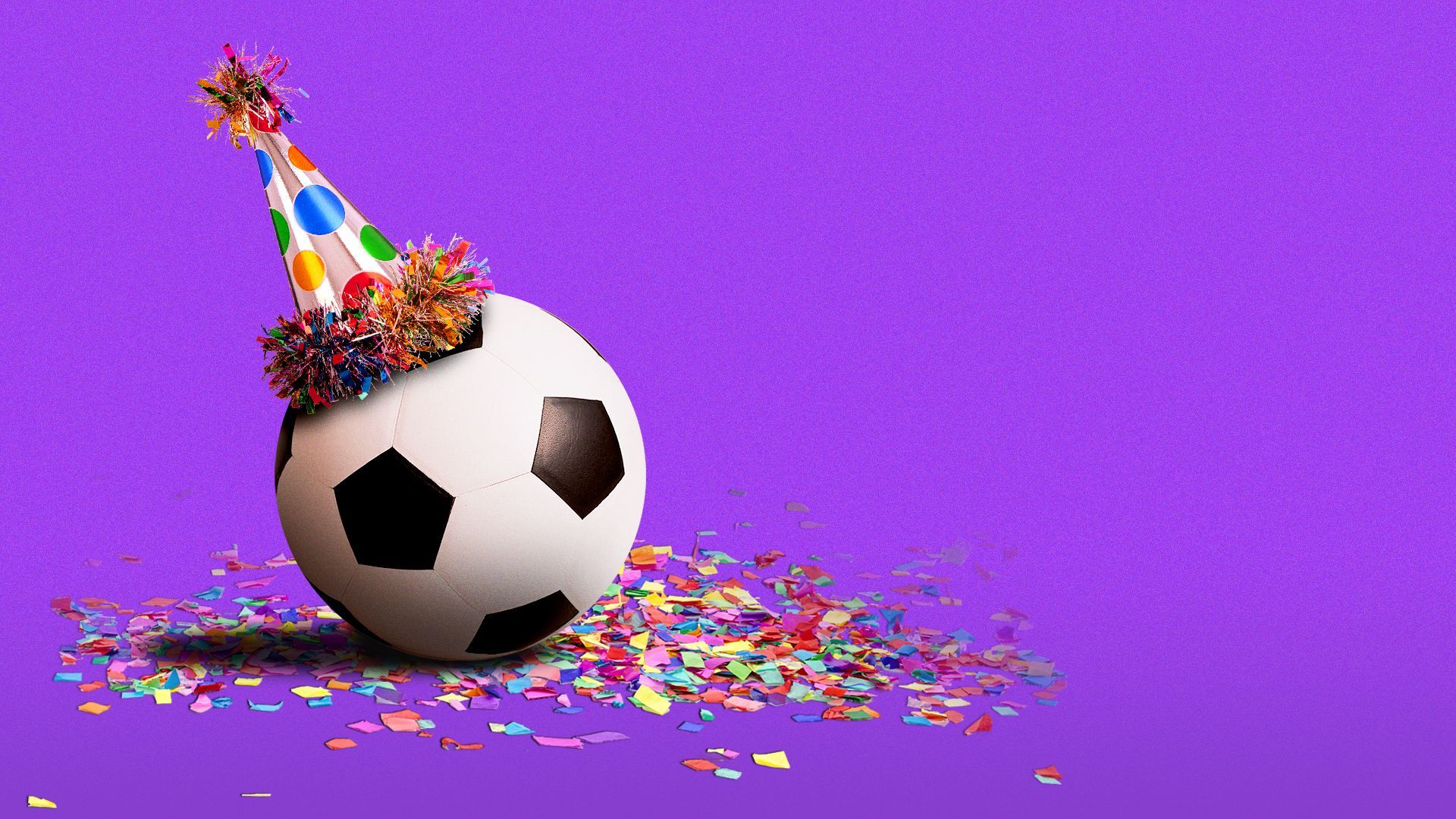 Illustration of a soccer ball wearing a party hat, surrounded by confetti.