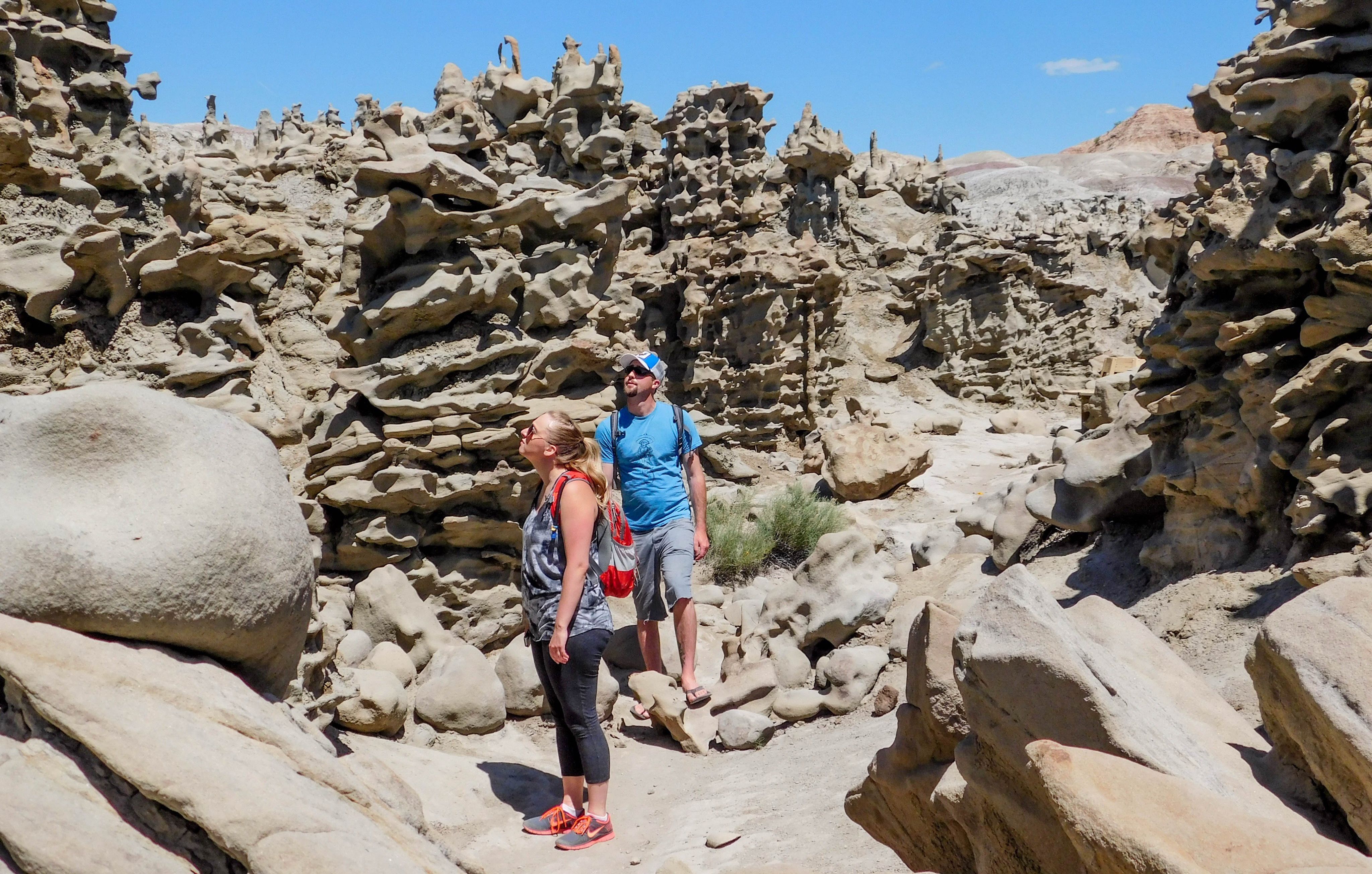 Hikers admire squiggly rock formations in the desert.