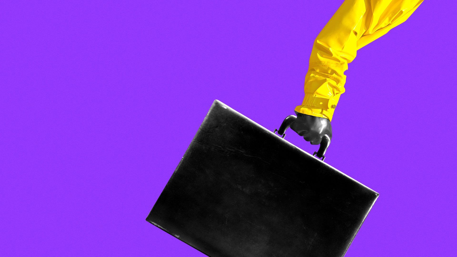 Illustration of someone in a hazmat suit grabbing a briefcase 