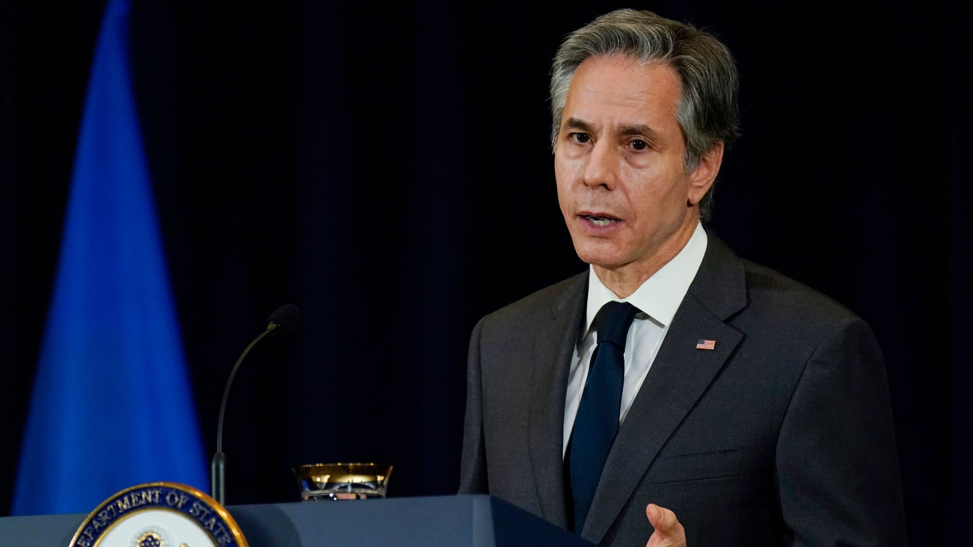 Secretary of State Antony Blinken speaks during a news conference with Ukraine's Foreign Minister Dmytro Kuleba, not pictured, at the State Department in Washington, DC, on February 22