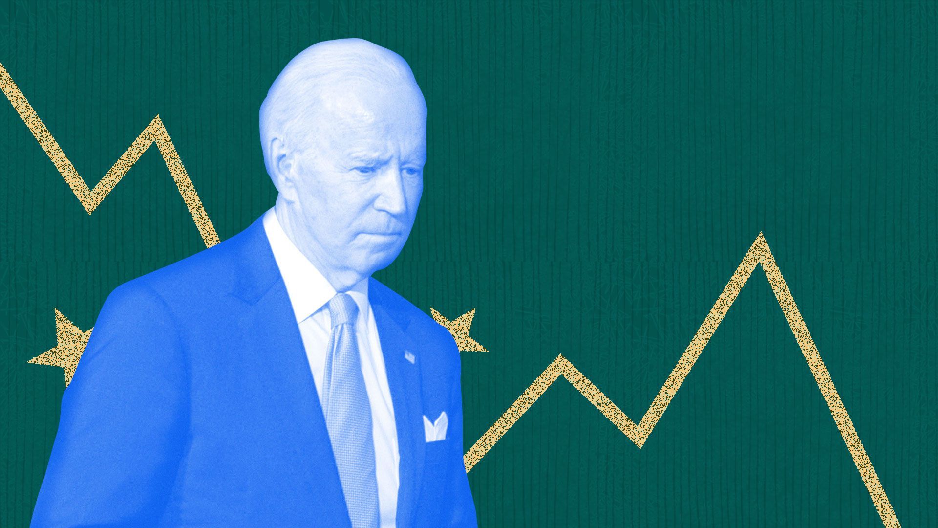 Photo illustration of Joseph Biden looking worried with a downwards trending line and stars