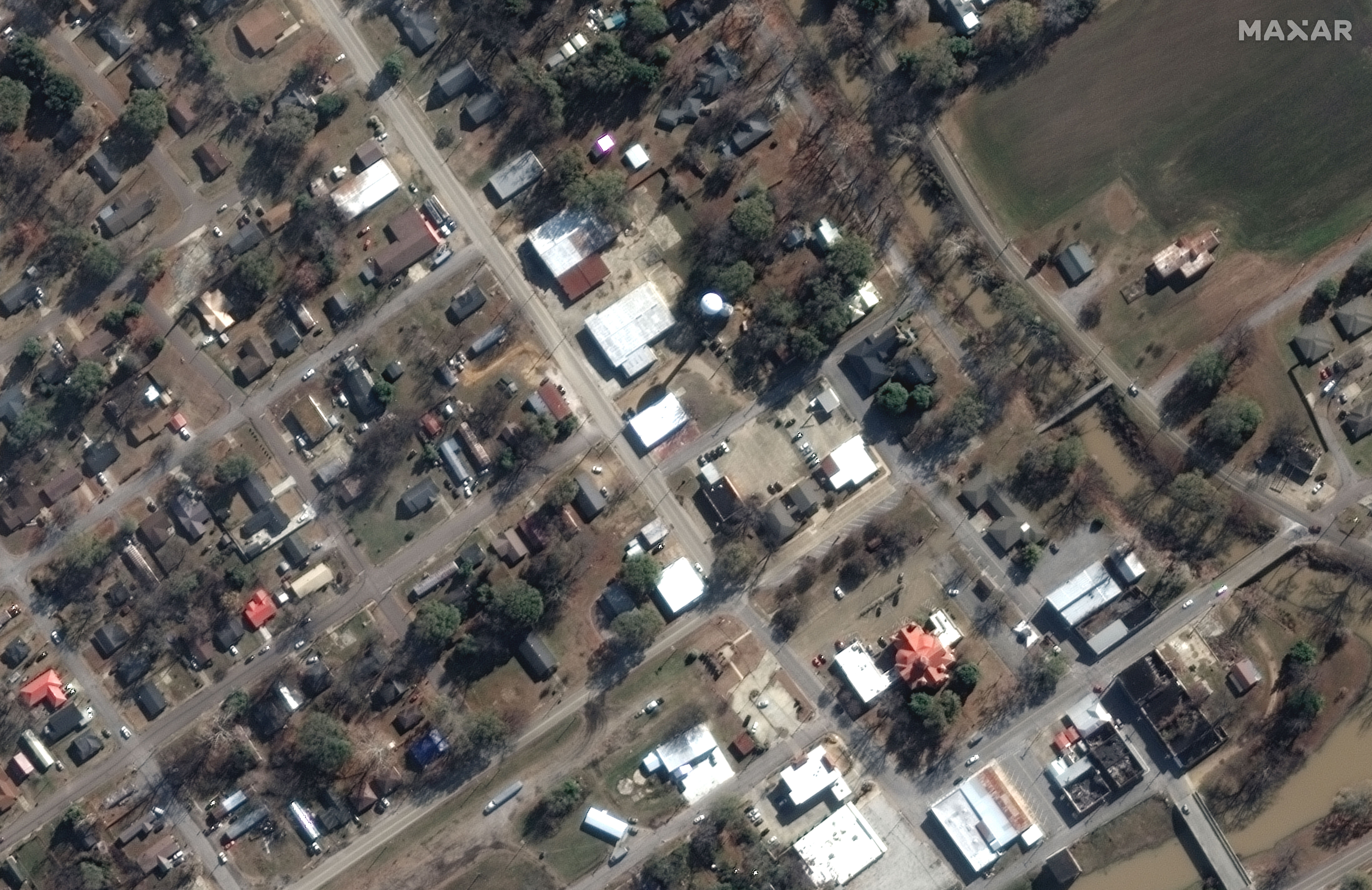 Aerial view of homes in Rolling Fork, Mississippi before a tornado. 