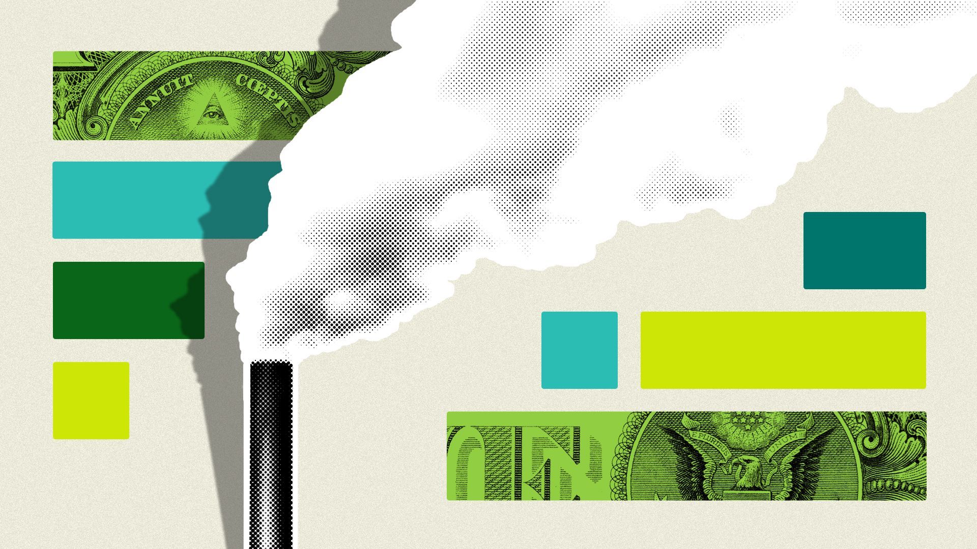 an illustration of a smokestack surrounded by colorful rectangles and cutouts of money