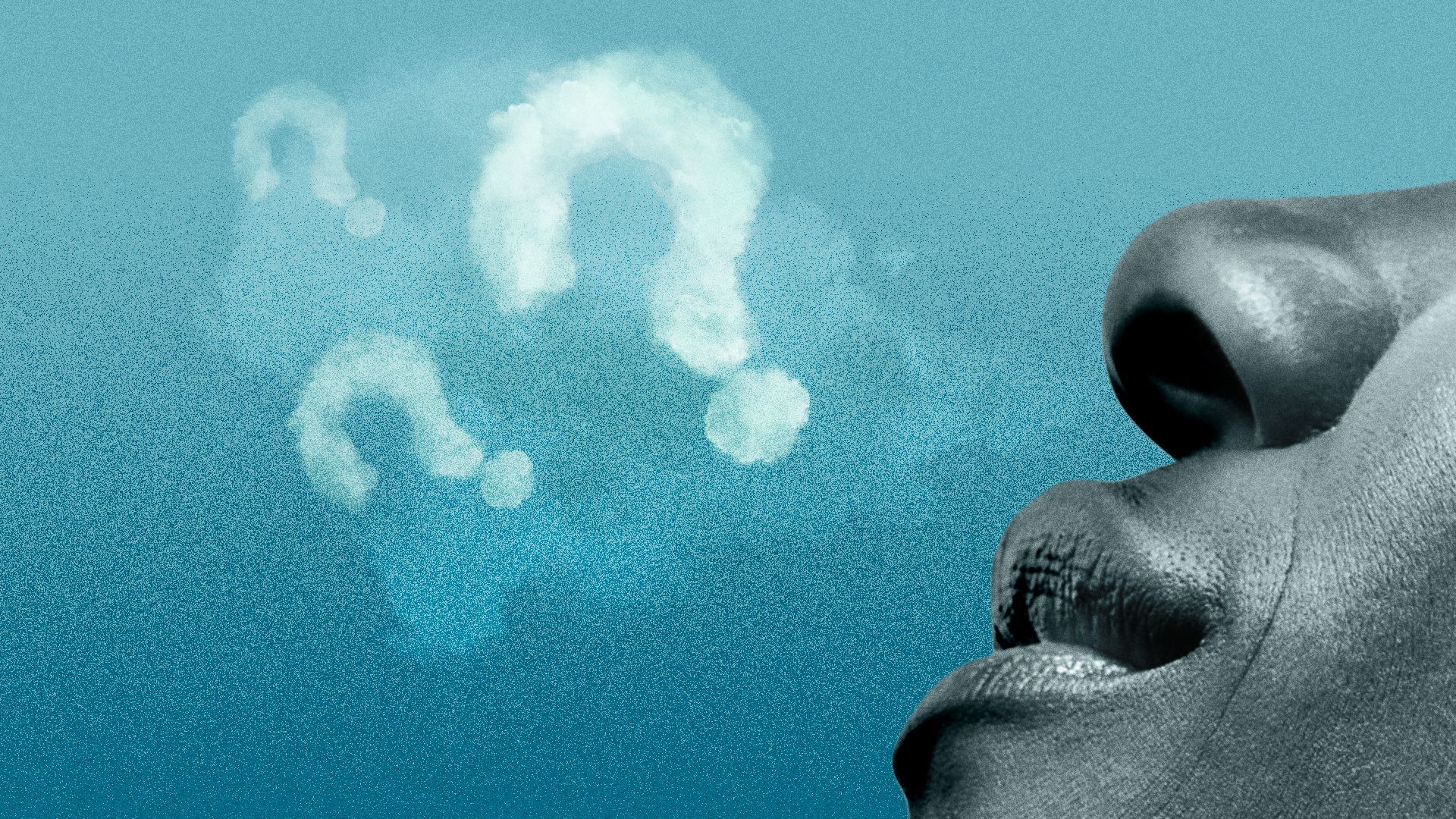 Illustration of a woman smelling mystery question marks made out of smoke.