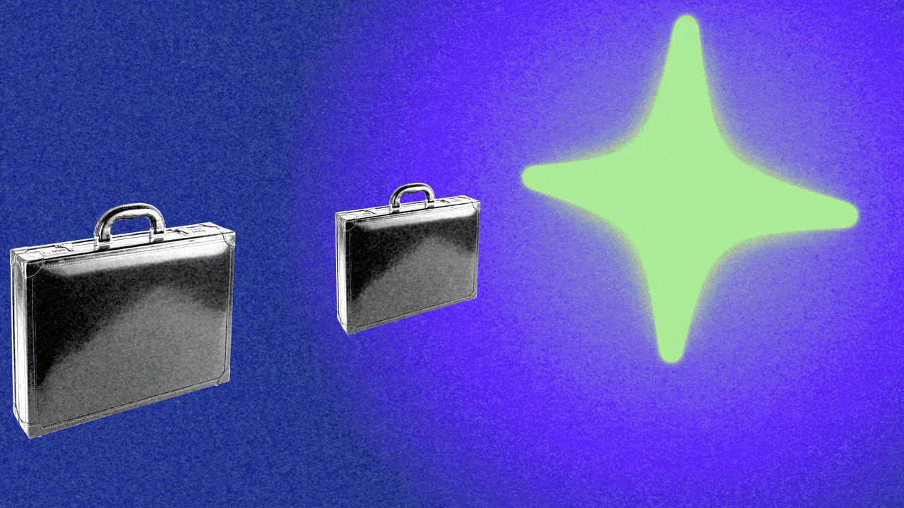 Animated illustration of a procession of briefcases moving toward a glowing sparkle shape and disappearing into it.