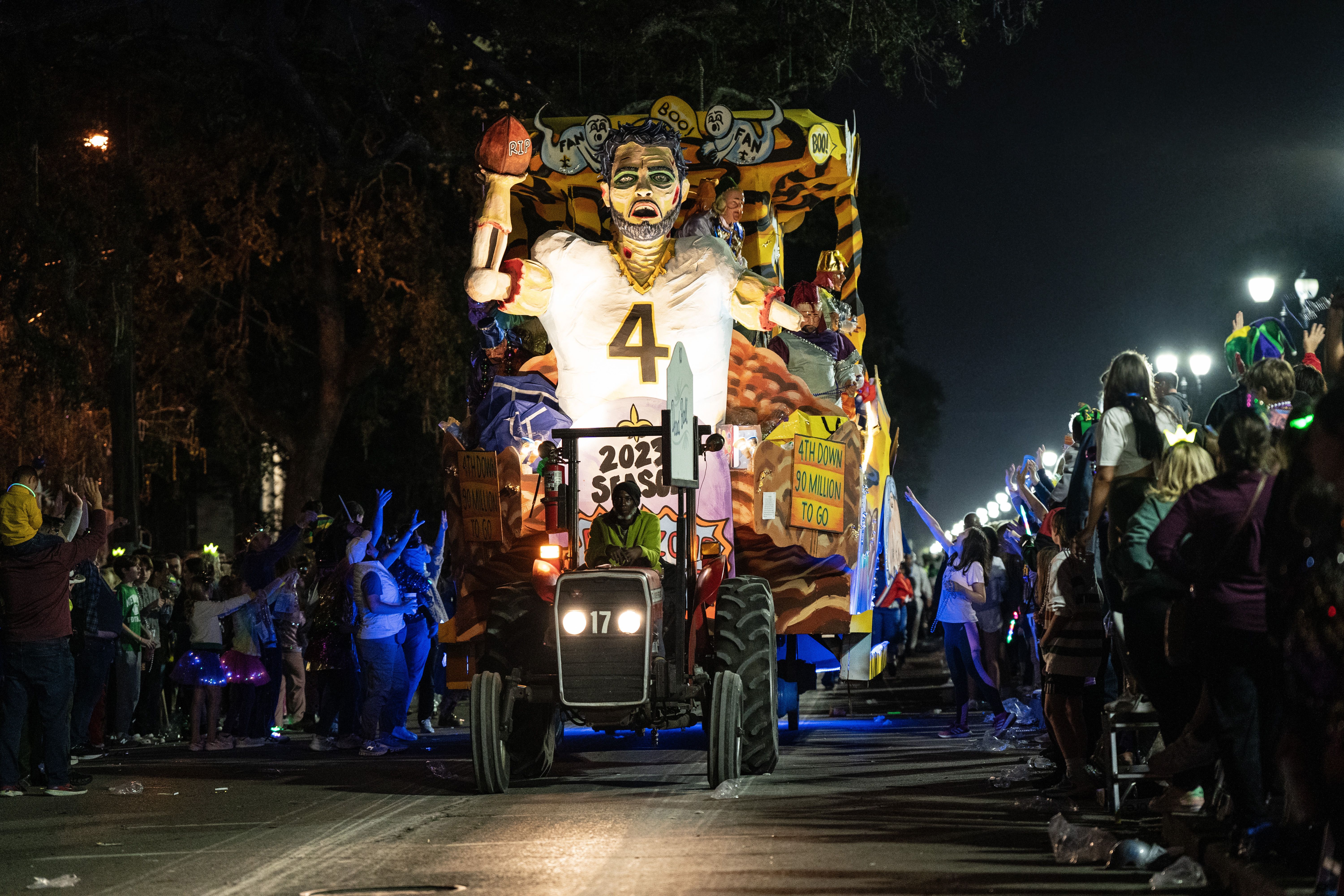 Photo shows a Derek Carr float in the Knights of Chaos parade