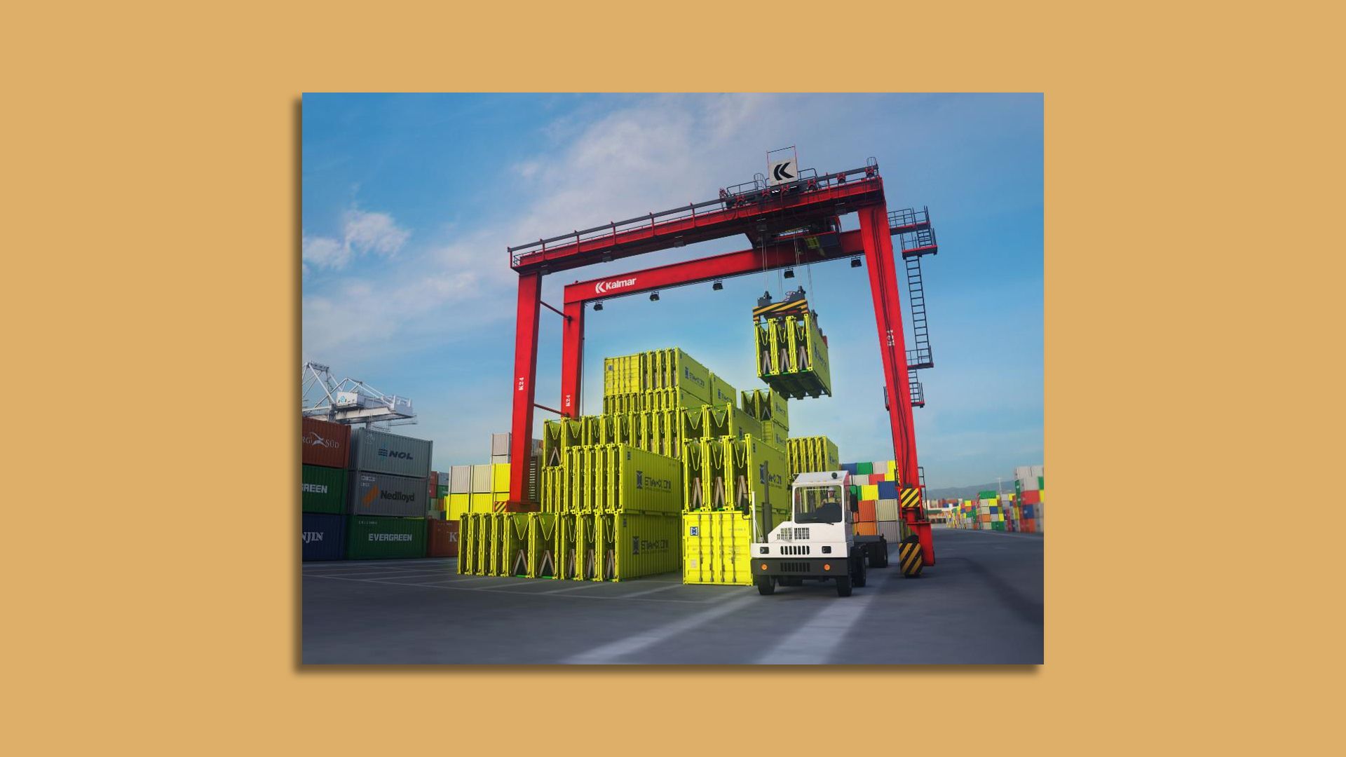 Foldable shipping containers being loaded on a dock.