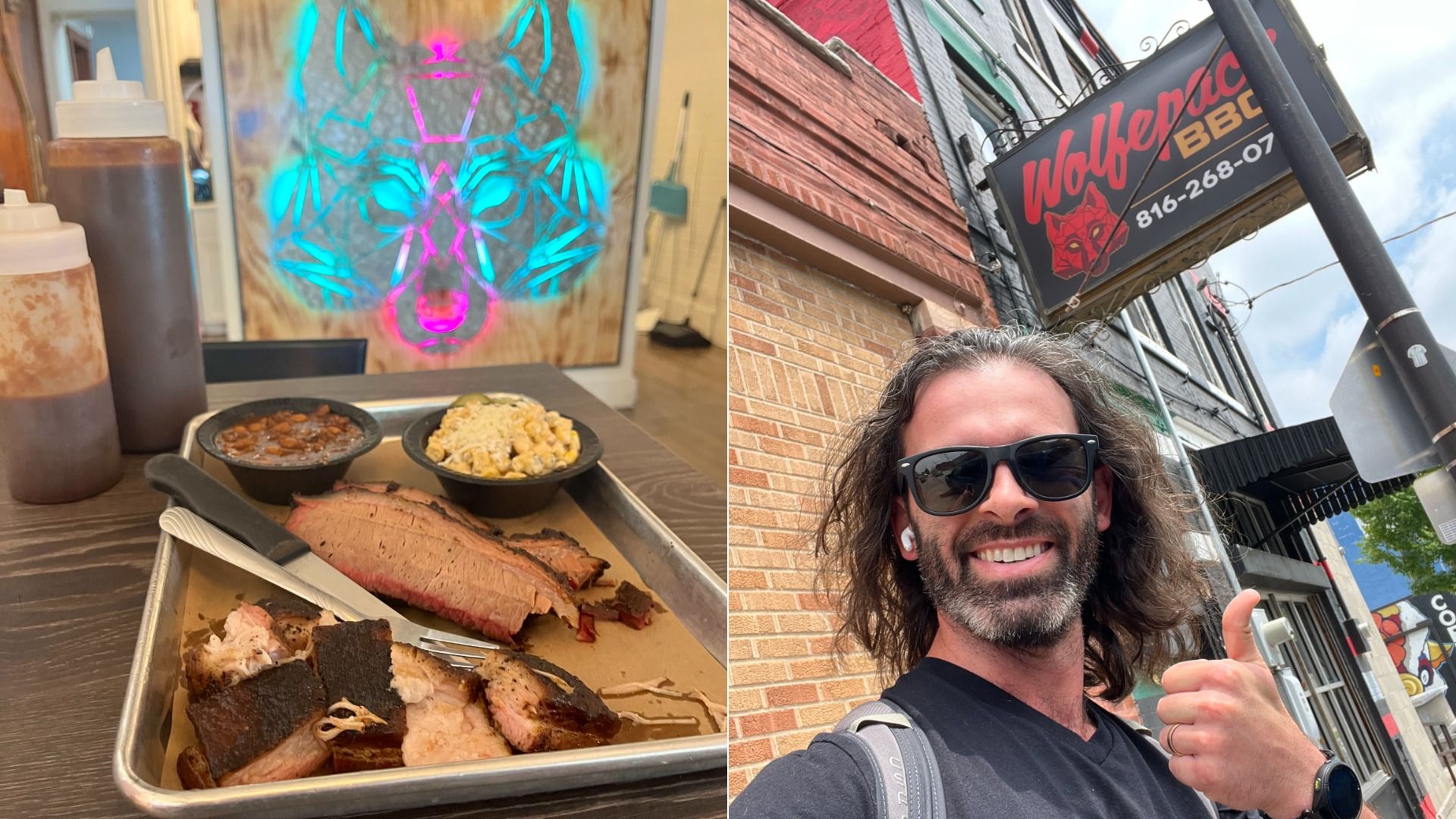 Left photo shows barbecue plate with a neon wolf design in the background. Right photo shows reporter Travis giving a thumbs up in front of the Wolfepack BBQ sign outside.
