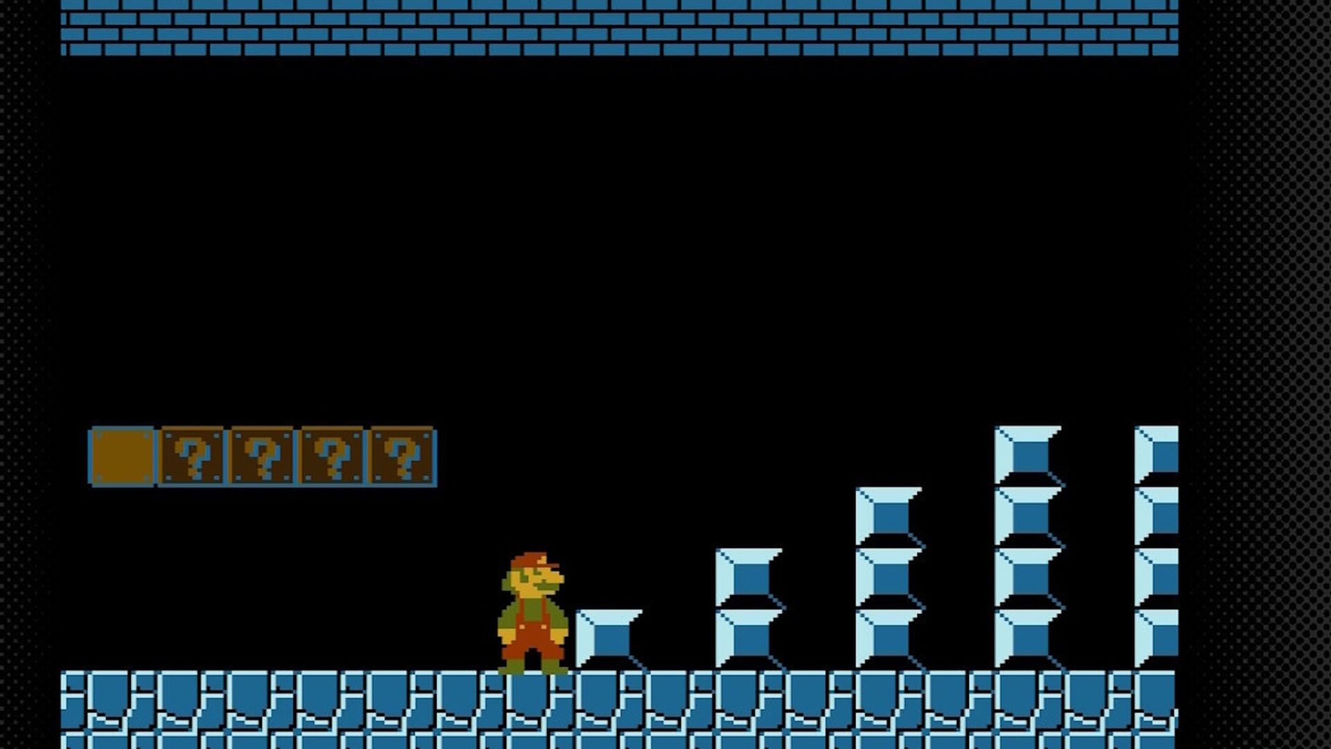 Screenshot of classic Super Mario Bros. game showing Mario on a blue brick platform with blocks and pipes, game stats at top including score, world 1-2, and time 374.