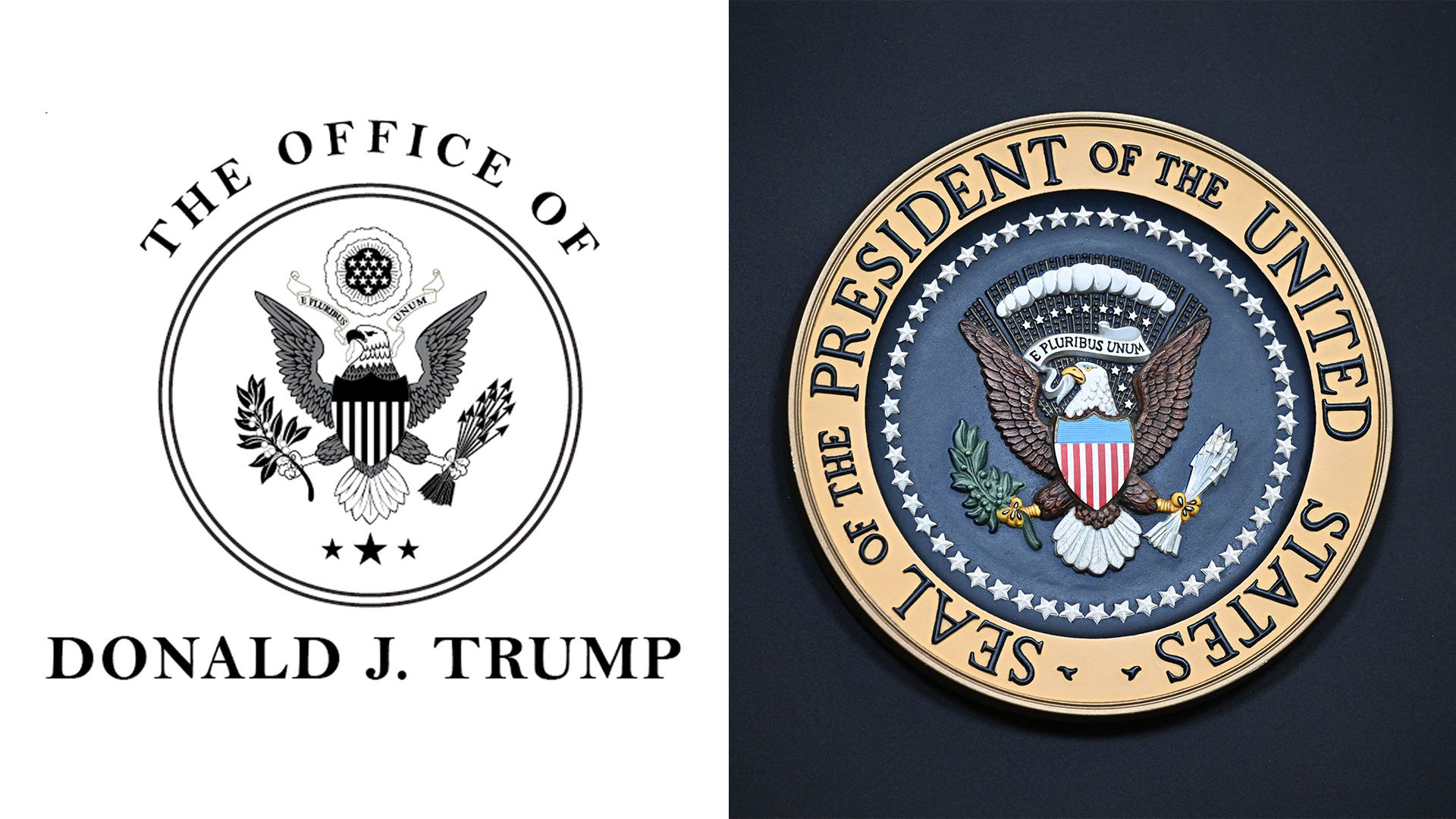 A side-by-side image of Donald Trump's logo with the presidential seal.