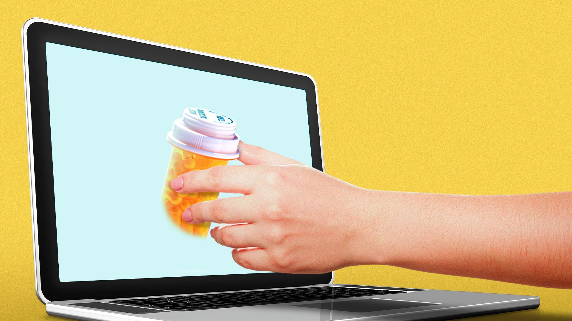 Illustration of a hand pulling a 3D bottle of pills from a laptop screen.