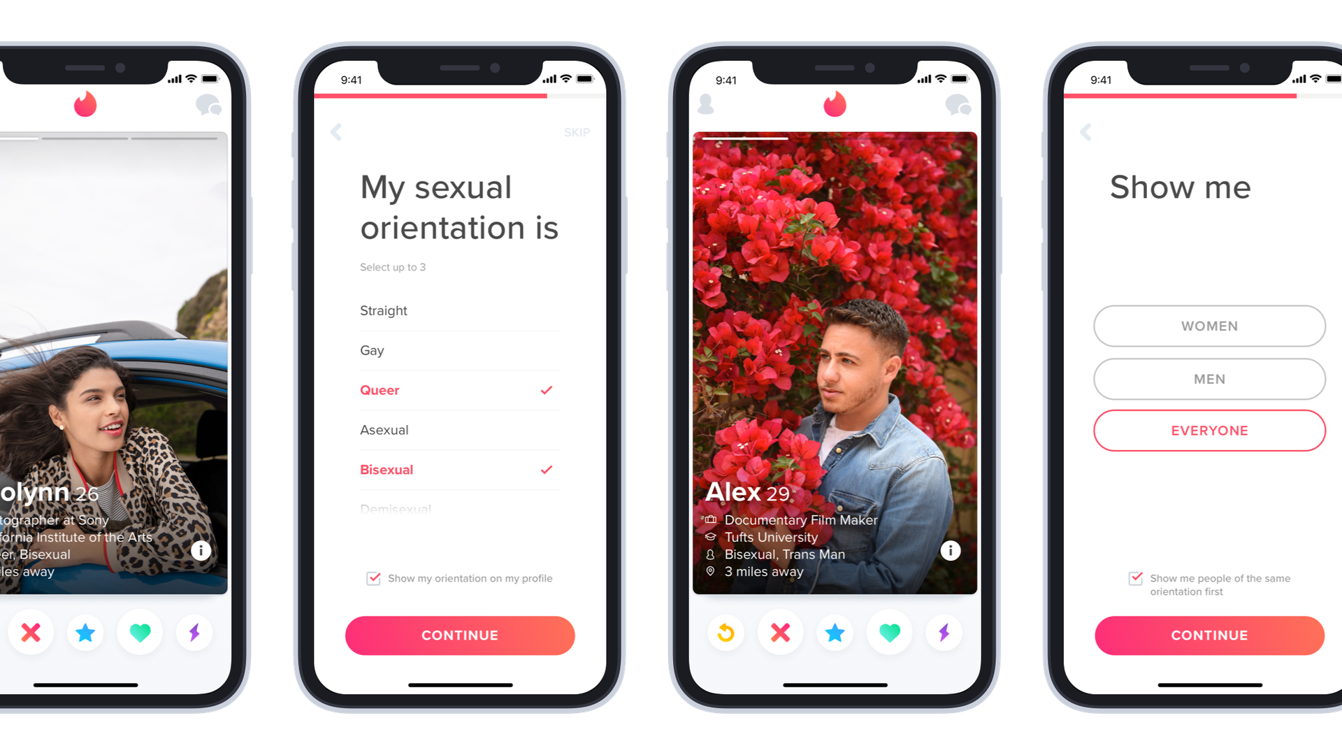 iPhone screenshots showing Tinder's redesigned sexuality options
