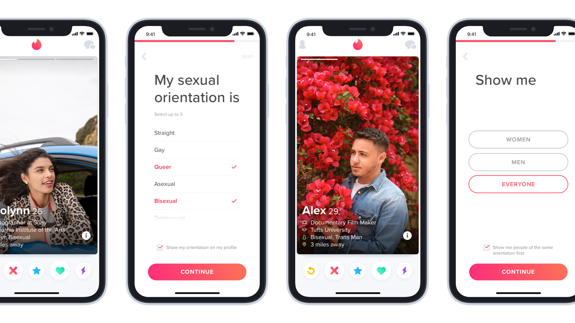 iPhone screenshots showing Tinder's redesigned sexuality options