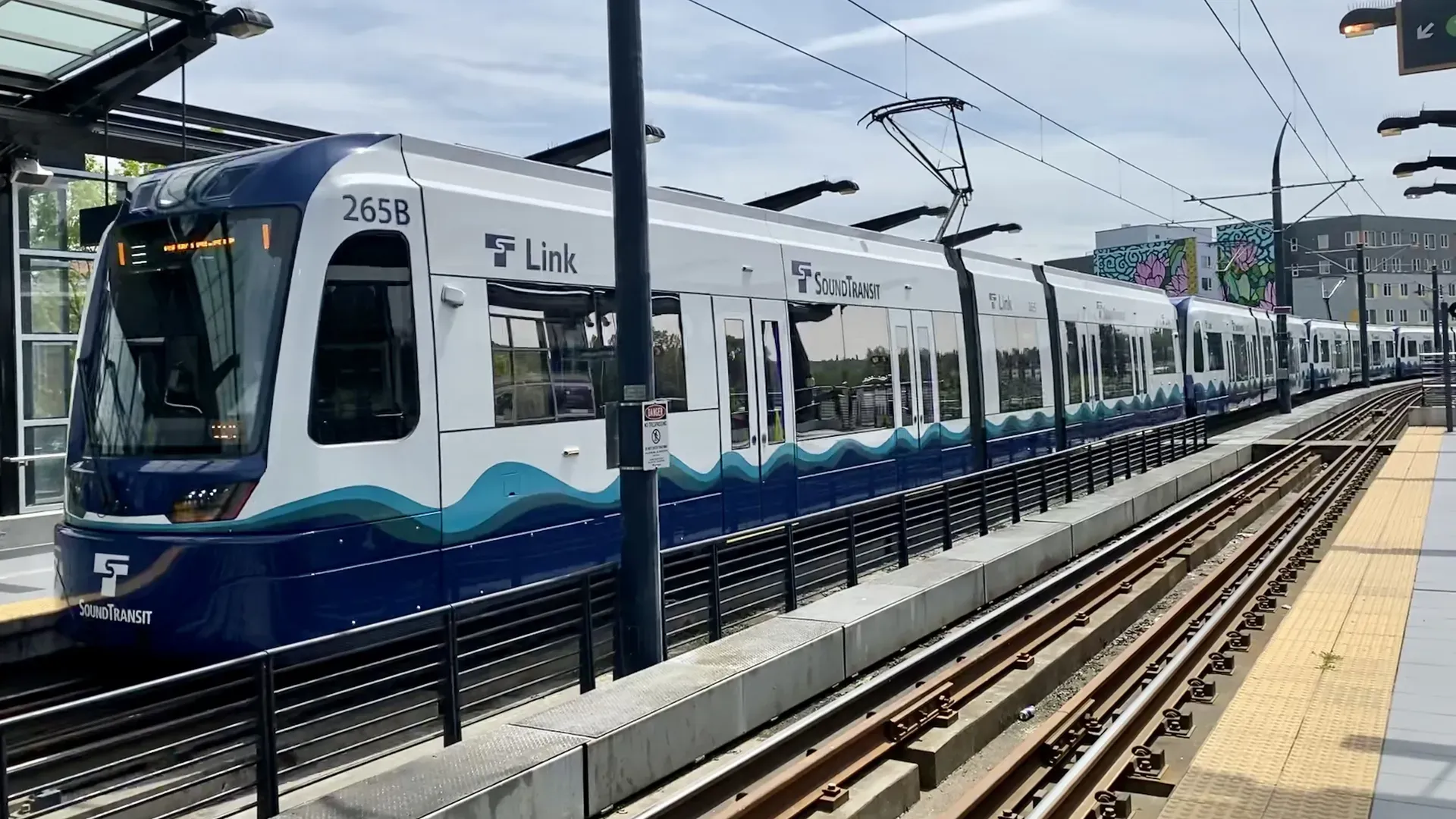 Light rail train at a station in Seattle.