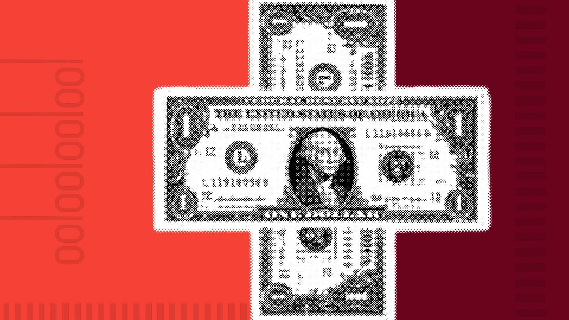 an illustration of a health plus made from dollar bills surrounded by ballot imagery