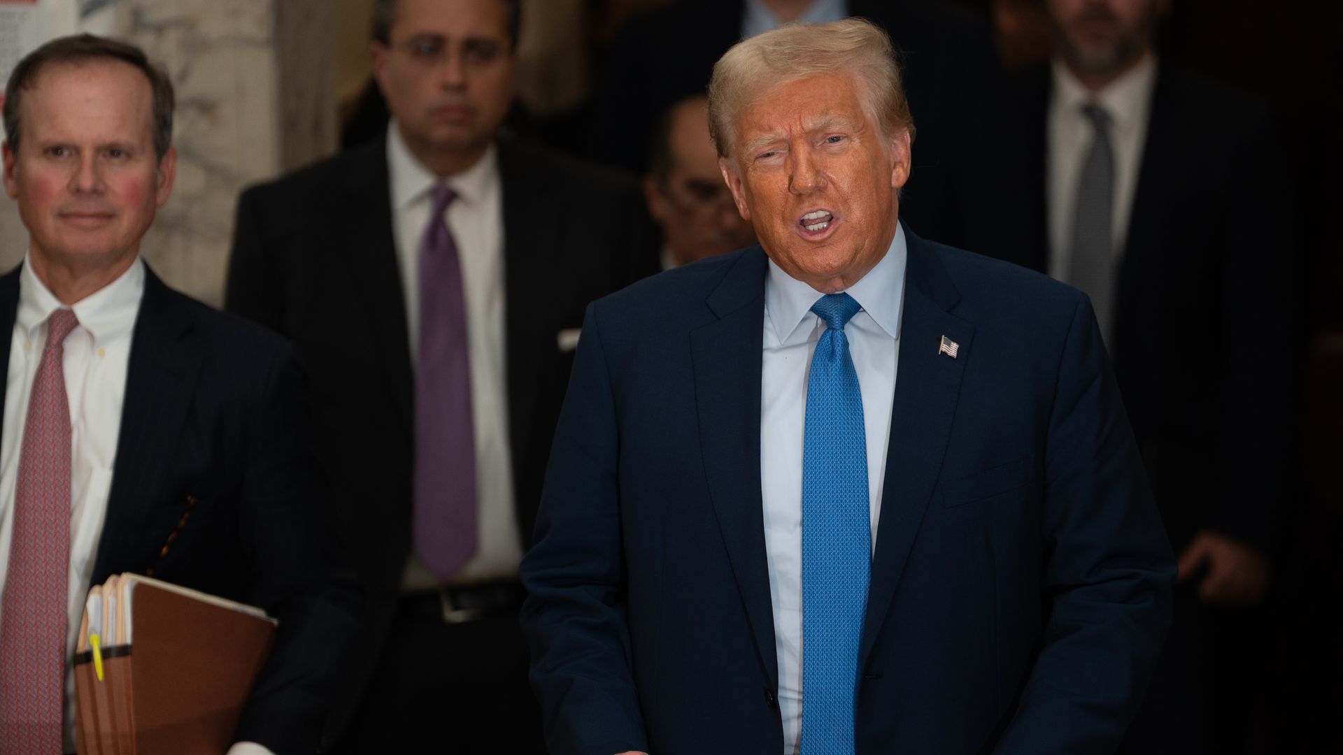  Former U.S. President Donald Trump speaks to the media after completing his testimony at his trial in New York State Supreme Court on November 06, 2023 in New York City. 