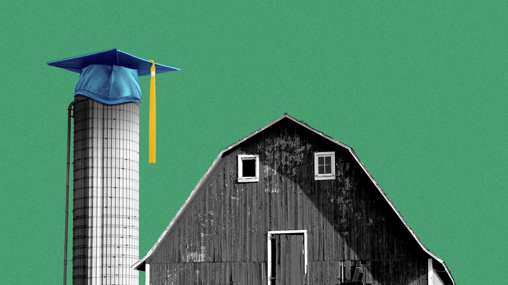 Illustration of a barn and a silo wearing a mortarboard.