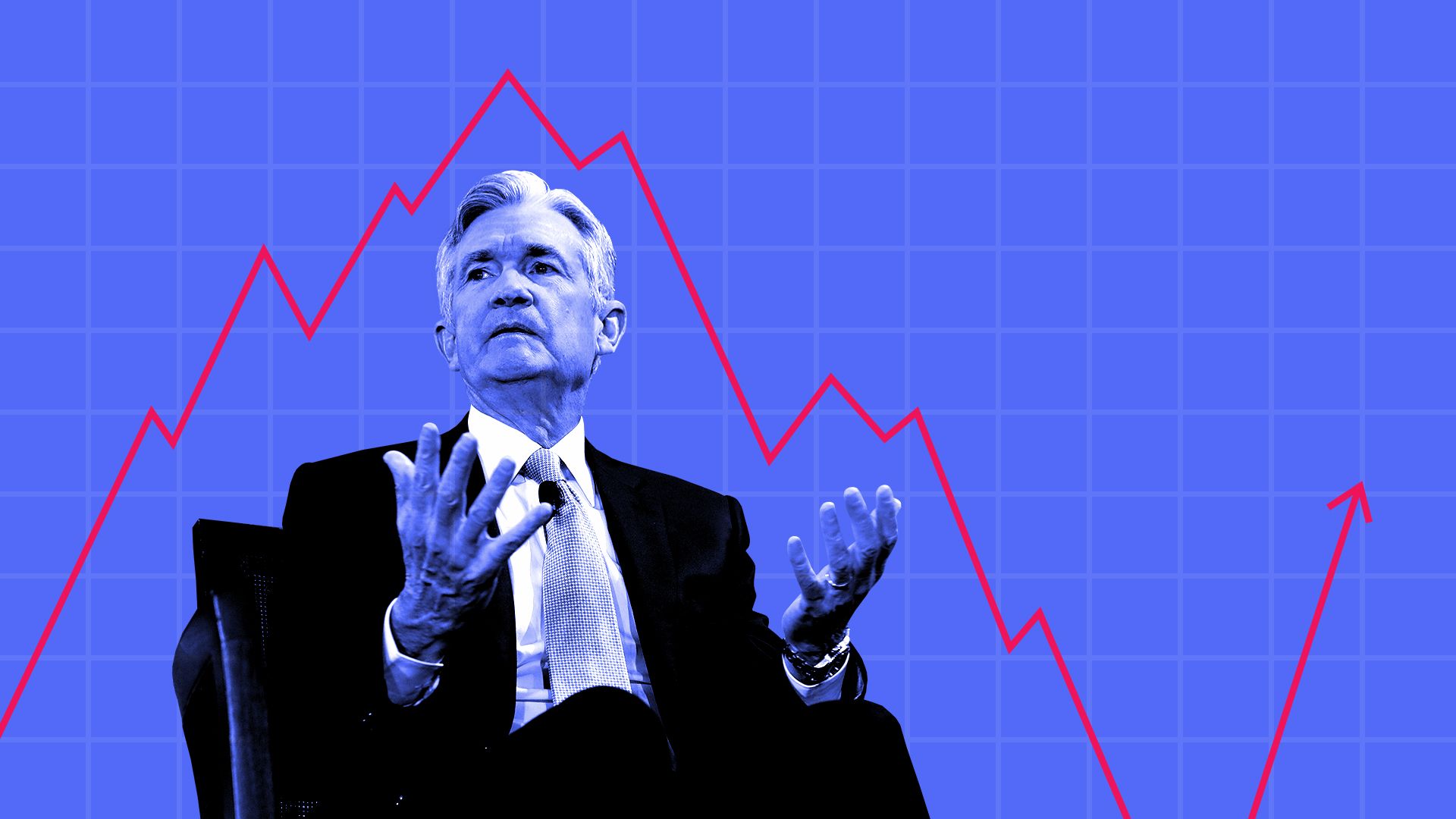 Illustration of Jerome Powell influencing stock chart