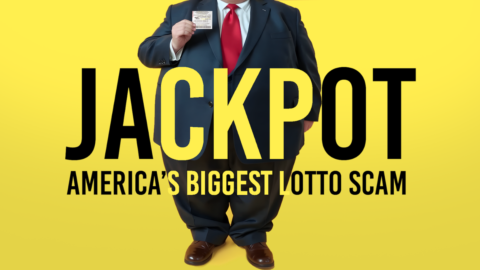Man in a dark suit and red tie holding a lottery ticket in front of large yellow and black text: "JACKPOT America's Biggest Lotto Scam" on a yellow background.