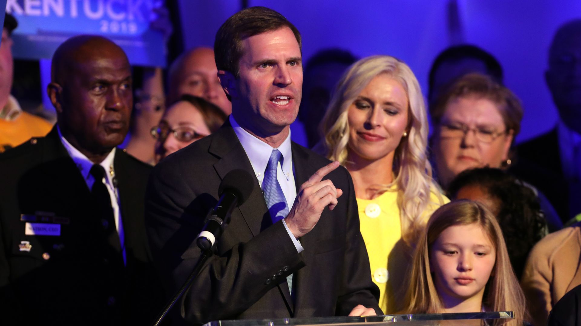 Gov.-elect Andy Beshear speaks to supporters after voting results showed the Democrat holding a slim lead over Gov. Matt Bevin at C2 Event Venue on November 5, 2019 in Louisville, Kentucky.