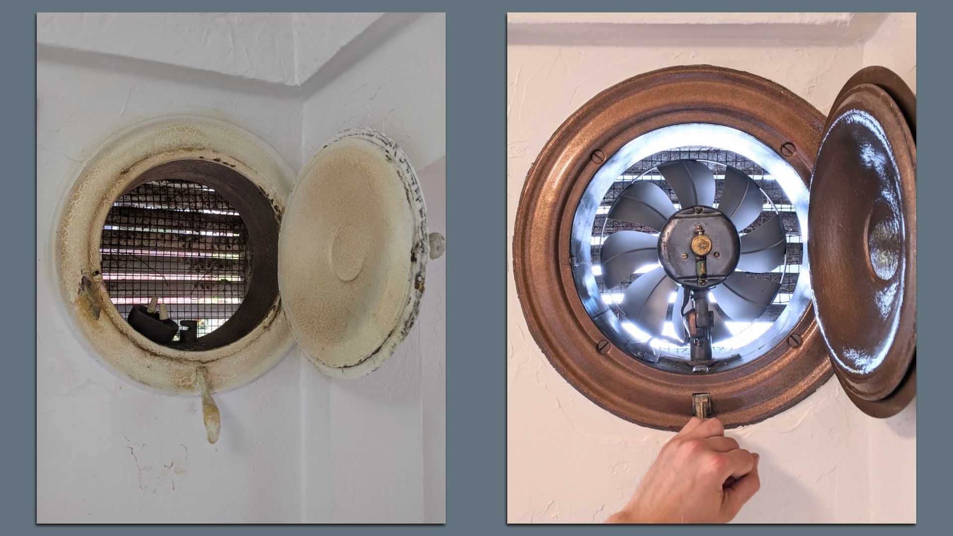Two photos of a round ventilation duct: left shows a dirty beige rim with grime and mesh; right shows a cleaned, shiny metal fan behind the open cover, with a hand turning it.