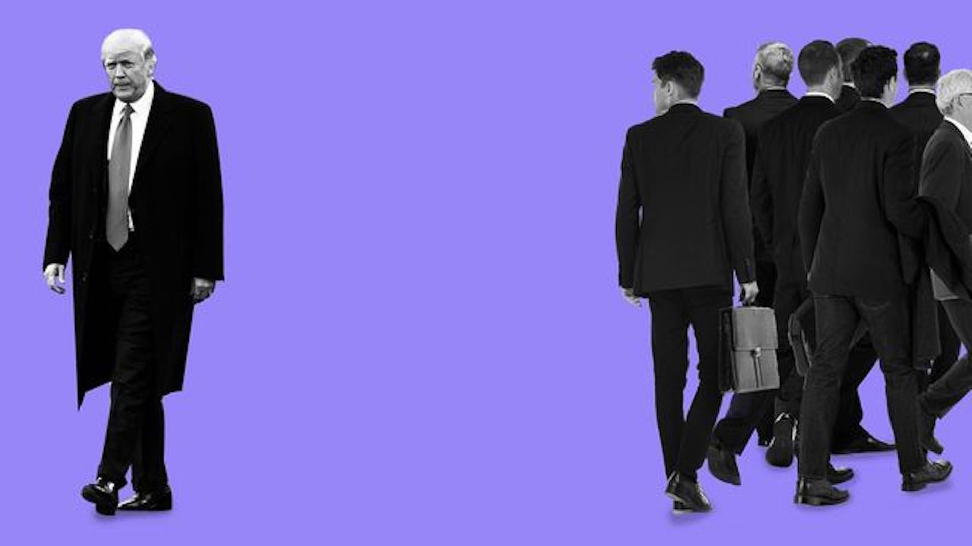 Illustration of corporate America walking past President Trump