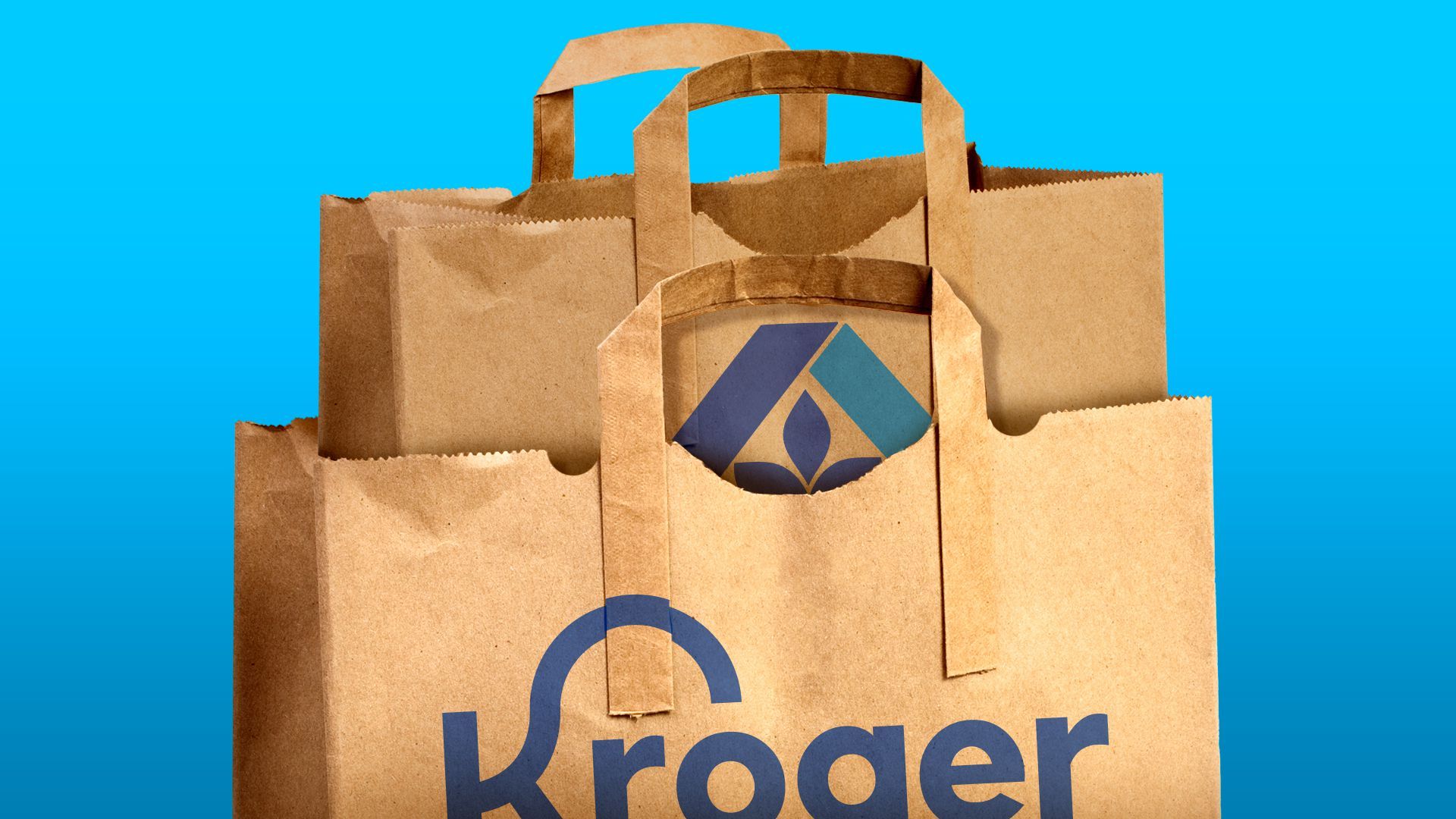 Illustration of an Albertsons' grocery bag inside of a Kroger's bag.