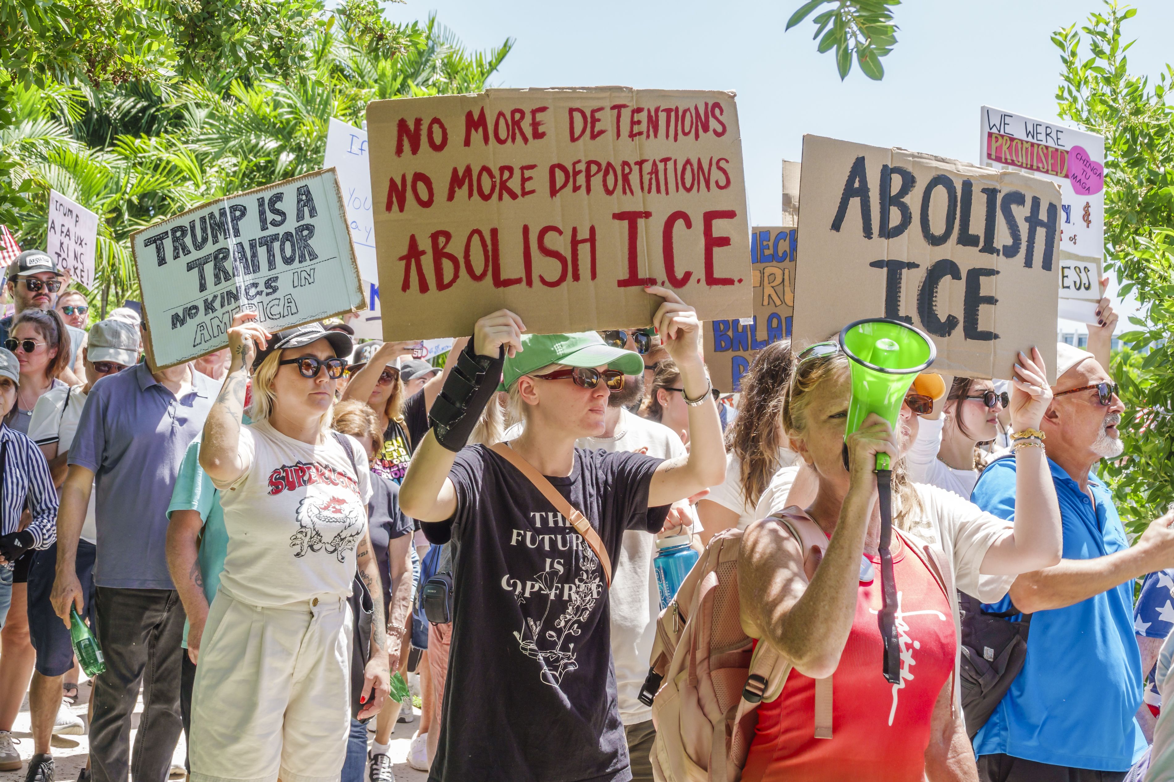 Miami Beach, Florida, Pride Park, No Kings Day Protest, organized demonstration, anti-Donald Trump presidency on his 79th birthday, fighting authoritarian power. (Photo by: Jeffrey Greenberg/Universal Images Group via Getty Images)