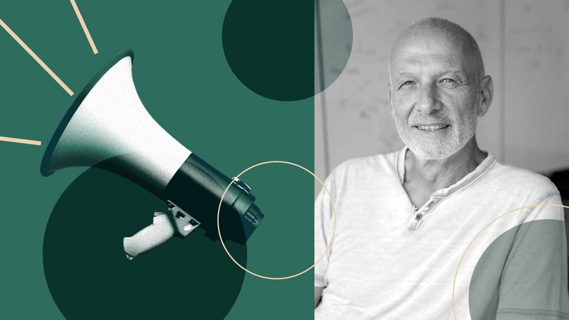 Photo illustration of Doron Gerstel, CEO of Perion Network, with a megaphone and circles in the background.