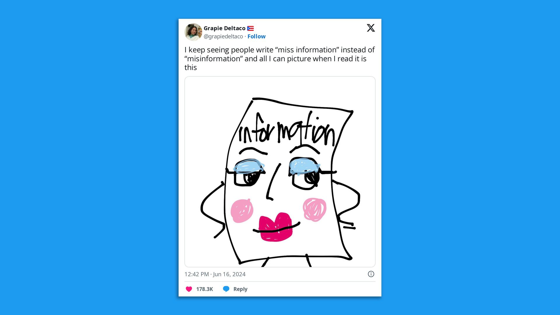 A post on X, formerly Twitter, that reads, "I keep seeing people write “miss information” instead of “misinformation” and all I can picture when I read it is this" 