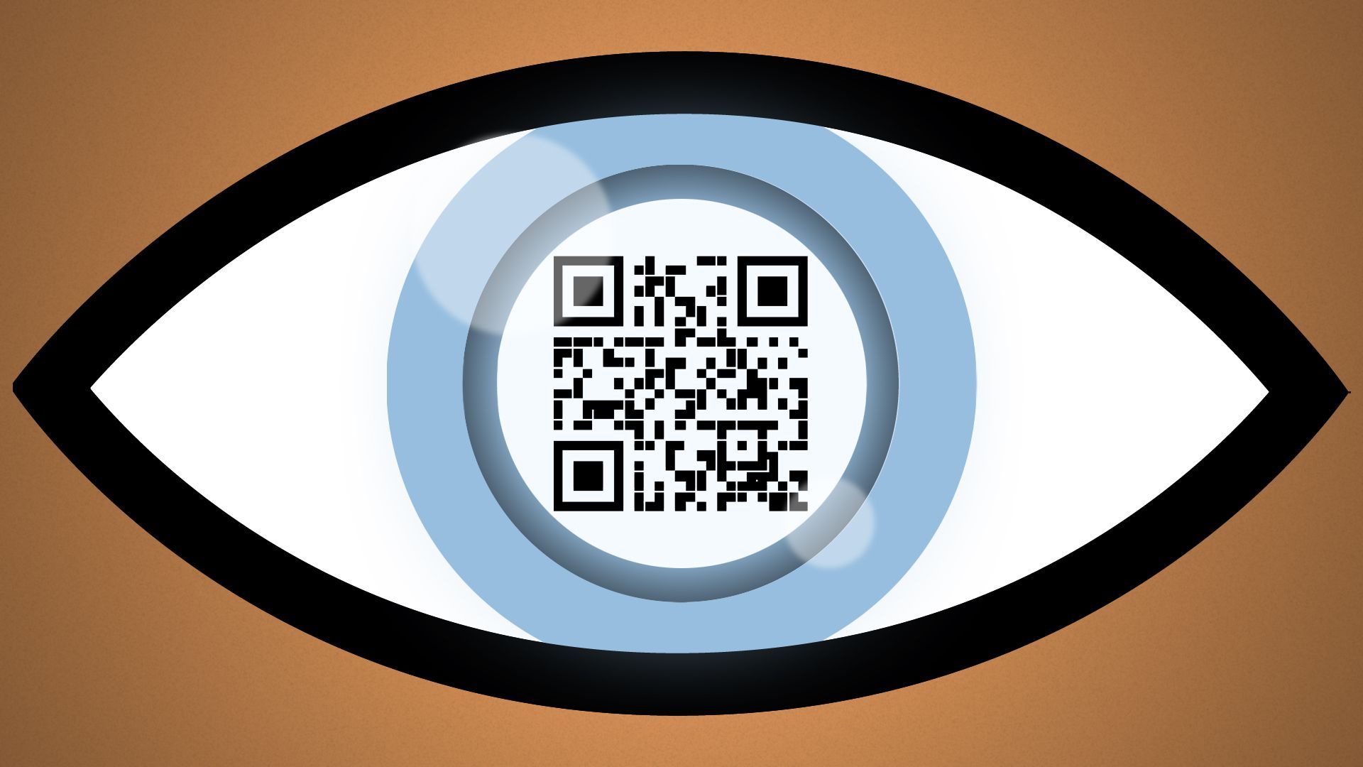 Close-up of eyeball illustration with QR code in pupil.