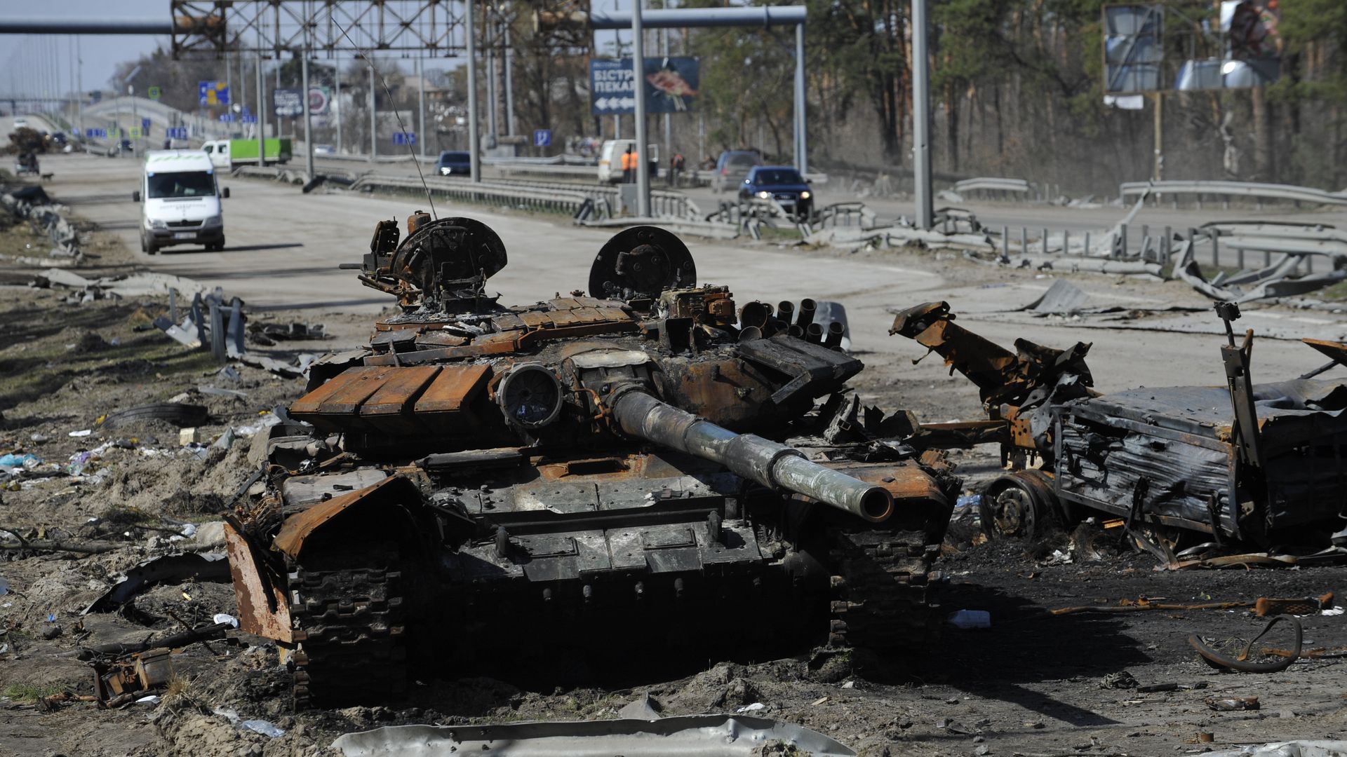 Destroyed tank of the Russian army seen about 40 km west of Kyiv.