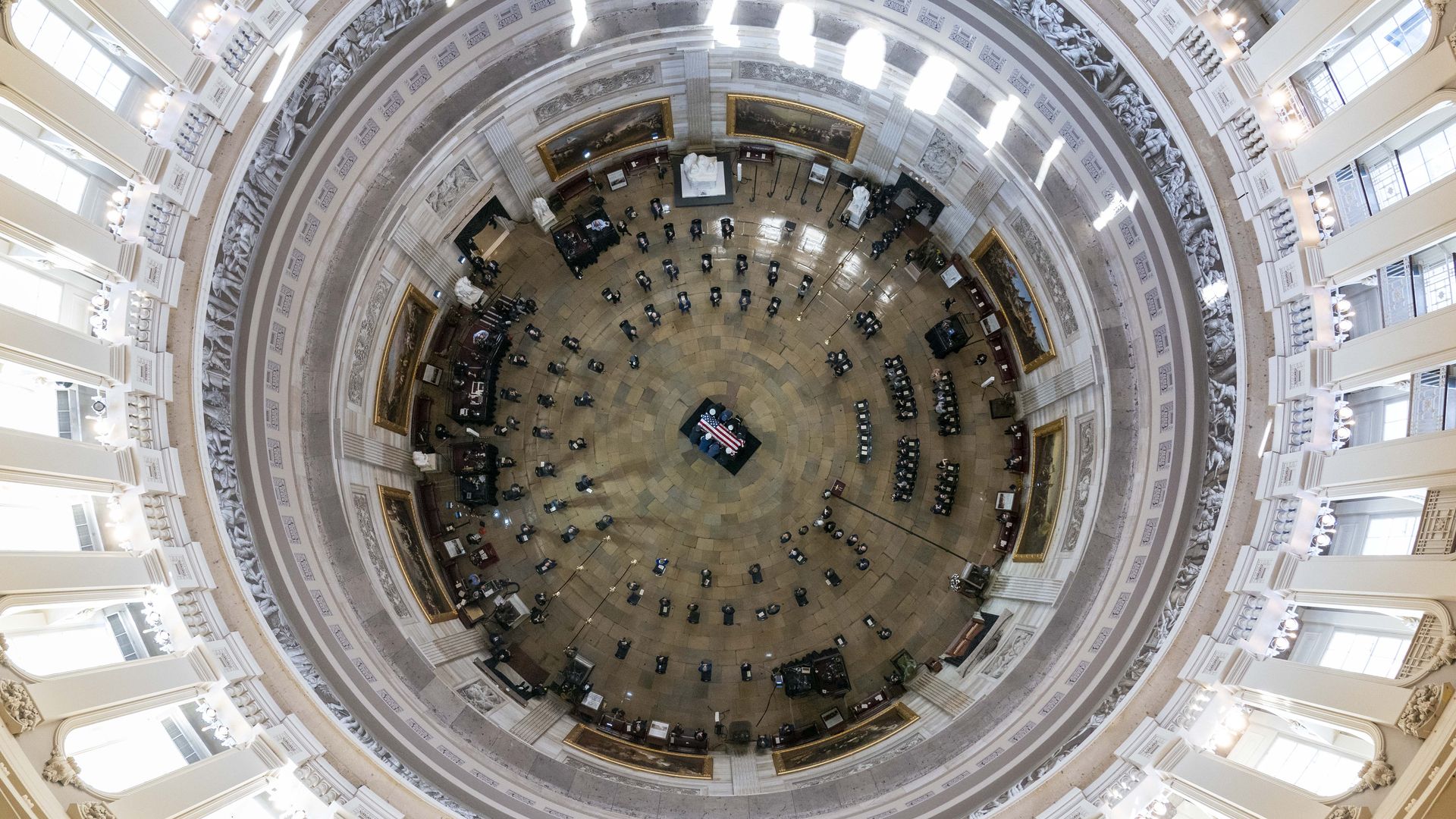 A photo from the Capitol Dome shows the casket of the late Sen. Harry Reid far below on the Rotunda floor.