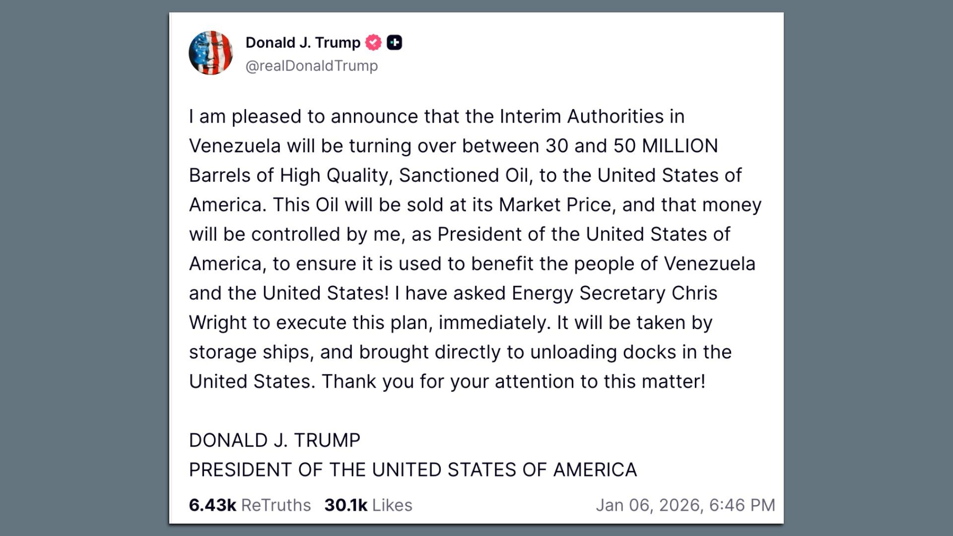 Trump: Venezuela to turn over 30-50 million barrels of oil to U.S.