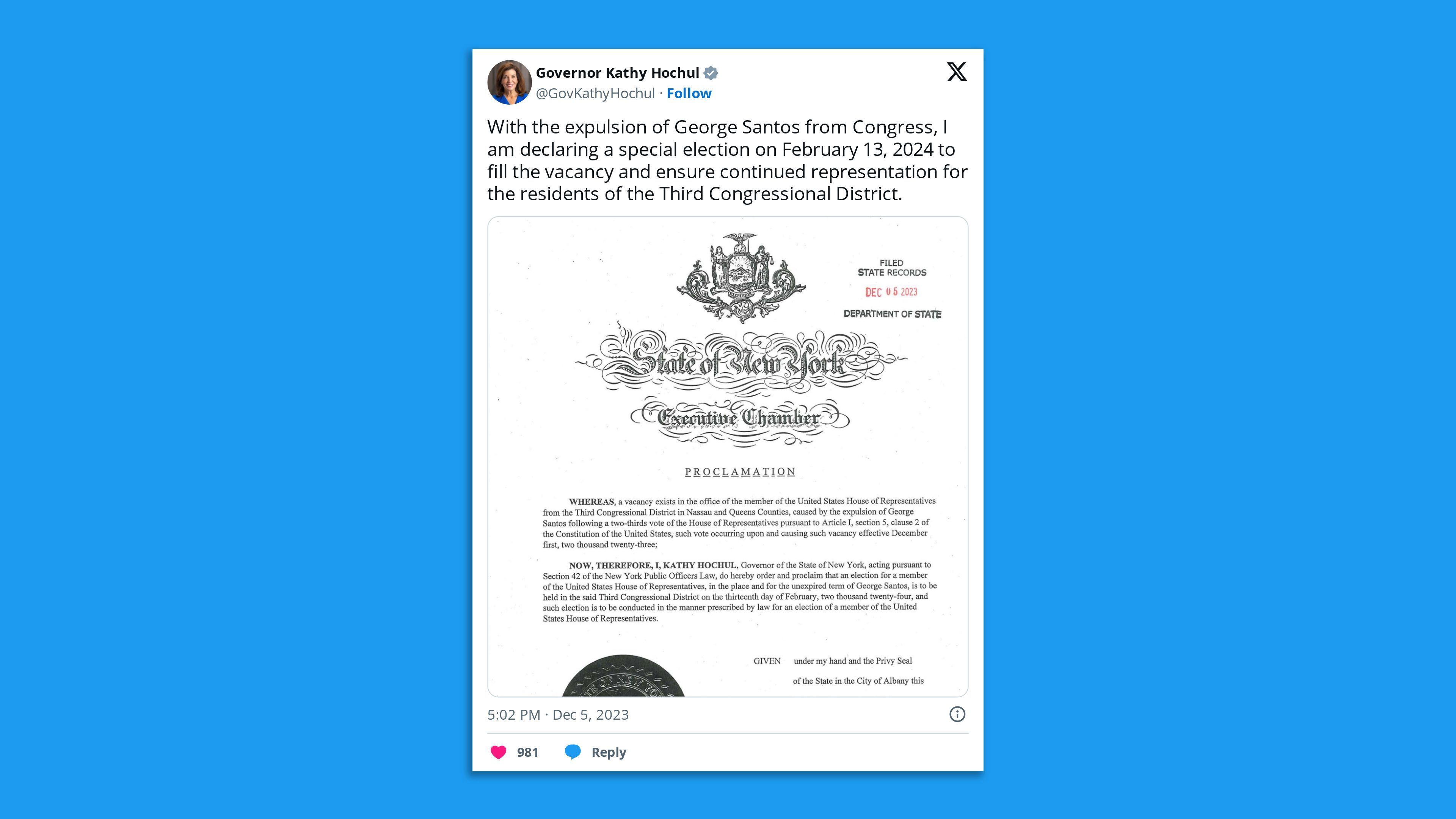 A screenshot of a tweet by New York Gov. Kathy Hochul, saying: "With the expulsion of George Santos from Congress, I am declaring a special election on February 13, 2024 to fill the vacancy and ensure continued representation for the residents of the Third Congressional District."
