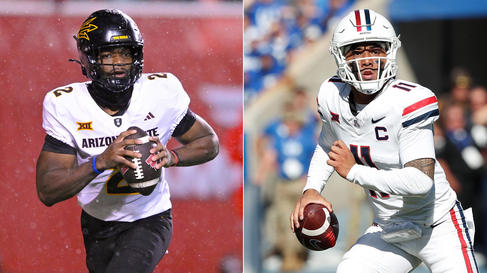 Side by side images of two football players holding footballs, the one on the left wearing a white jersey that says "Arizona State" with black pants and a black helmet with a pitchfork logo on the side, and the other wearing all white with red and blue stripes on his helmet, shoulders and pants. 