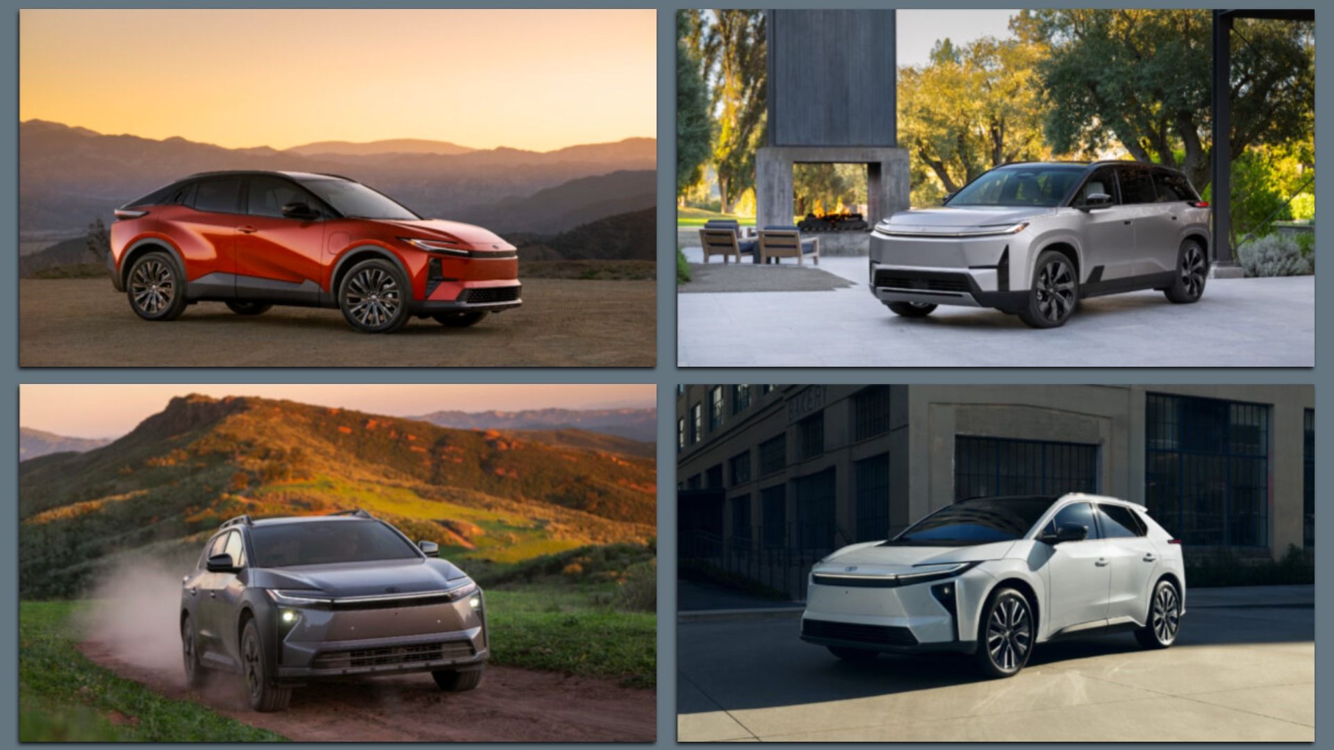 Quad collage of 4 electric Toyota SUVs: orange crossover on desert ridge at sunset; silver SUV by a fireplace; dusty hillside road; white SUV on a city street.