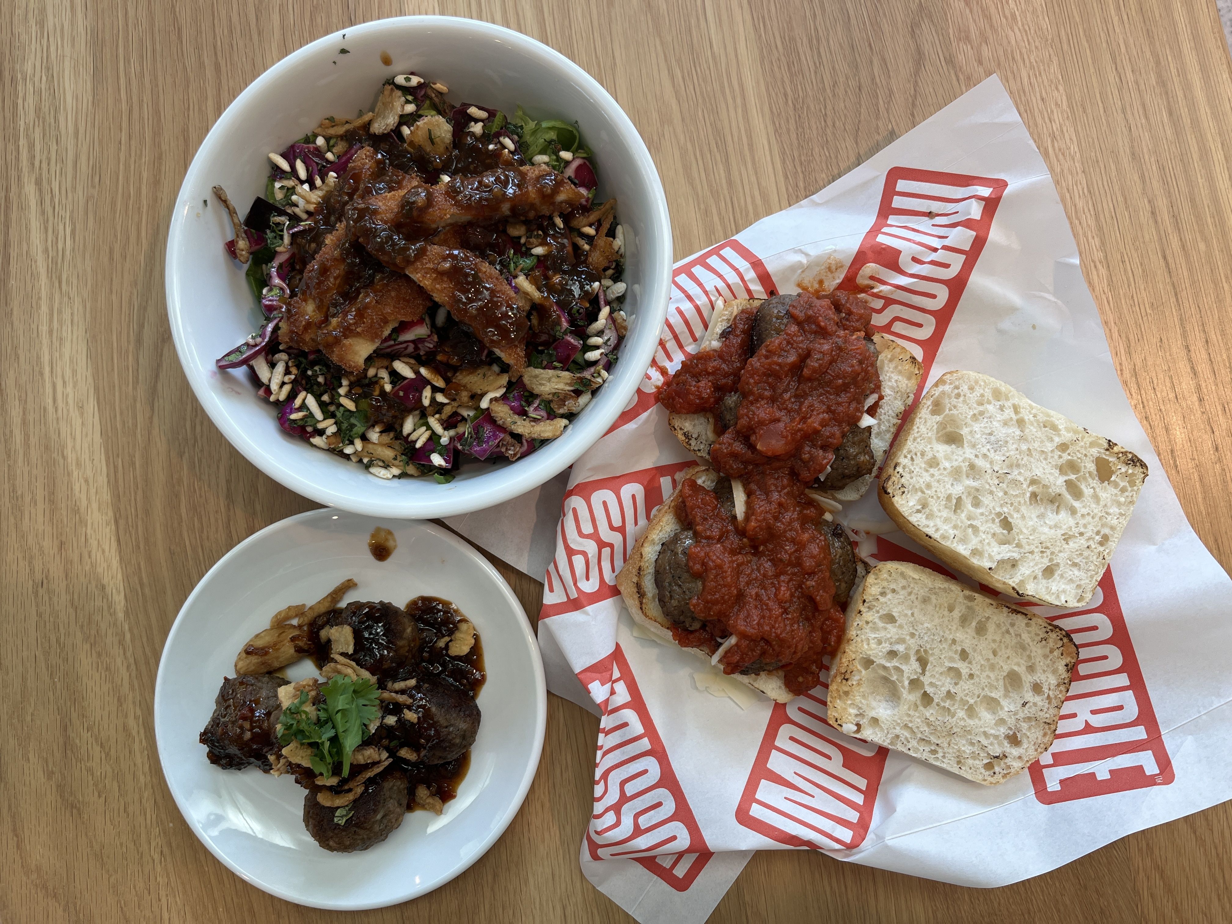 salad, meatballs and sandwich