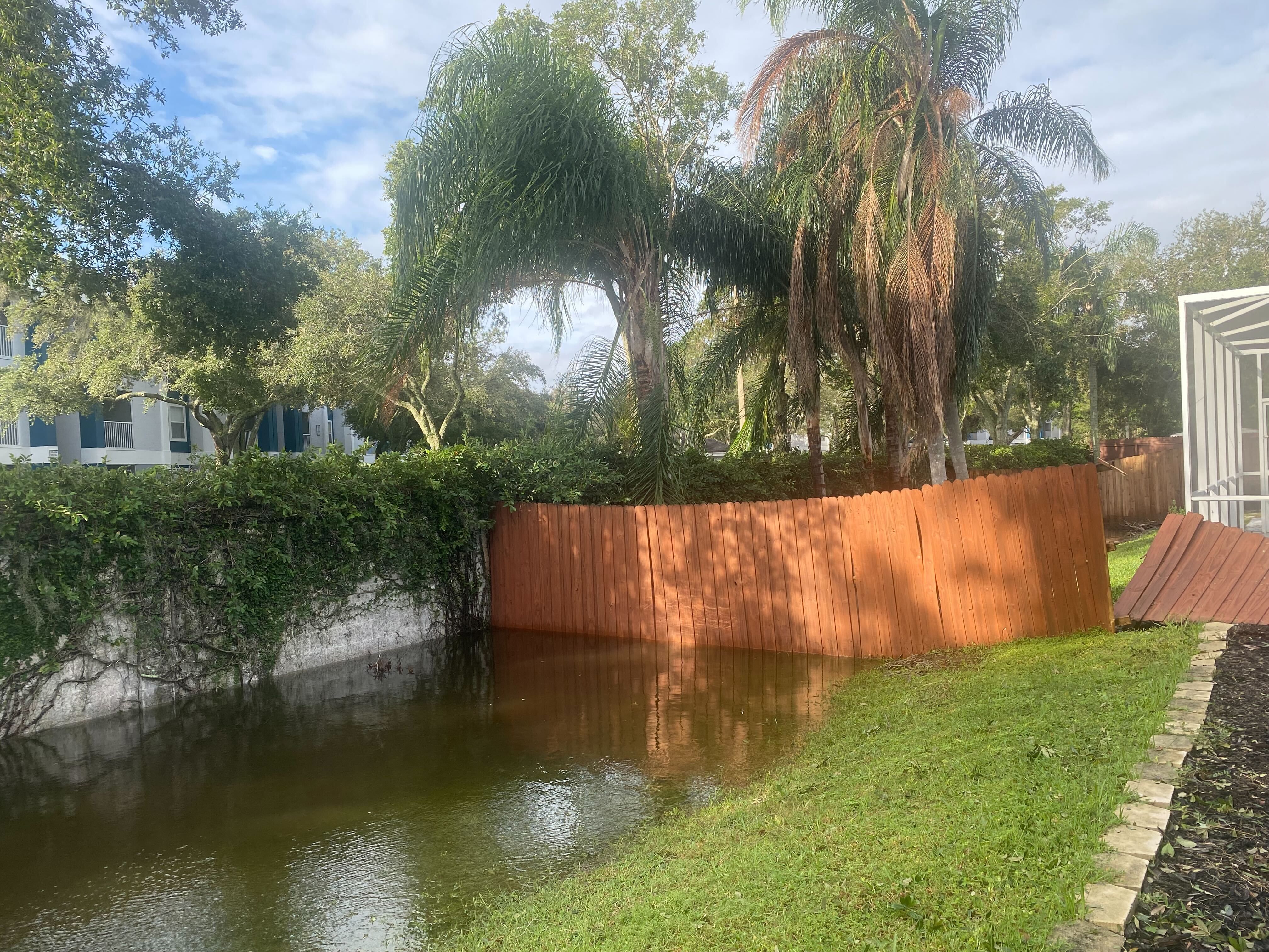 A partially toppled, partially submerged fence in Tampa. 