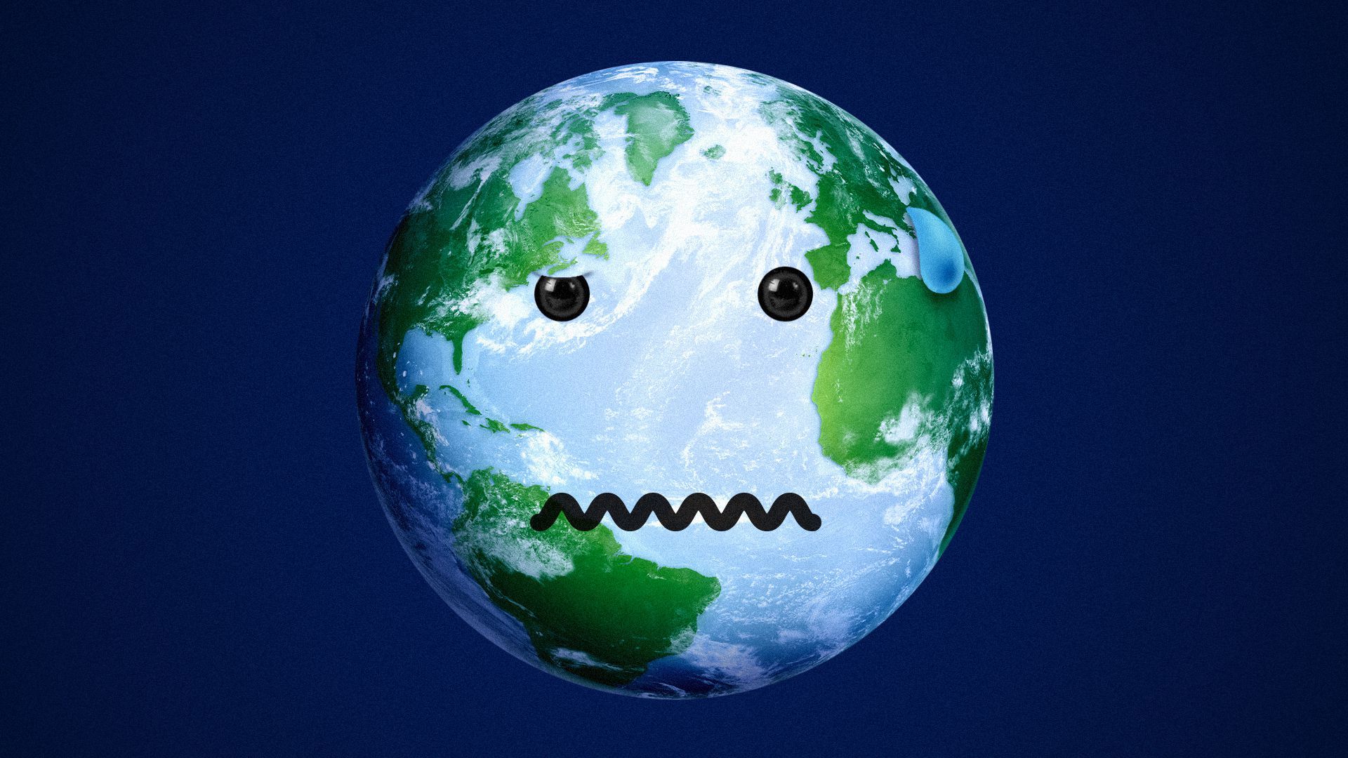 Illustration of the Earth with an anxious face and sweat drops. 
