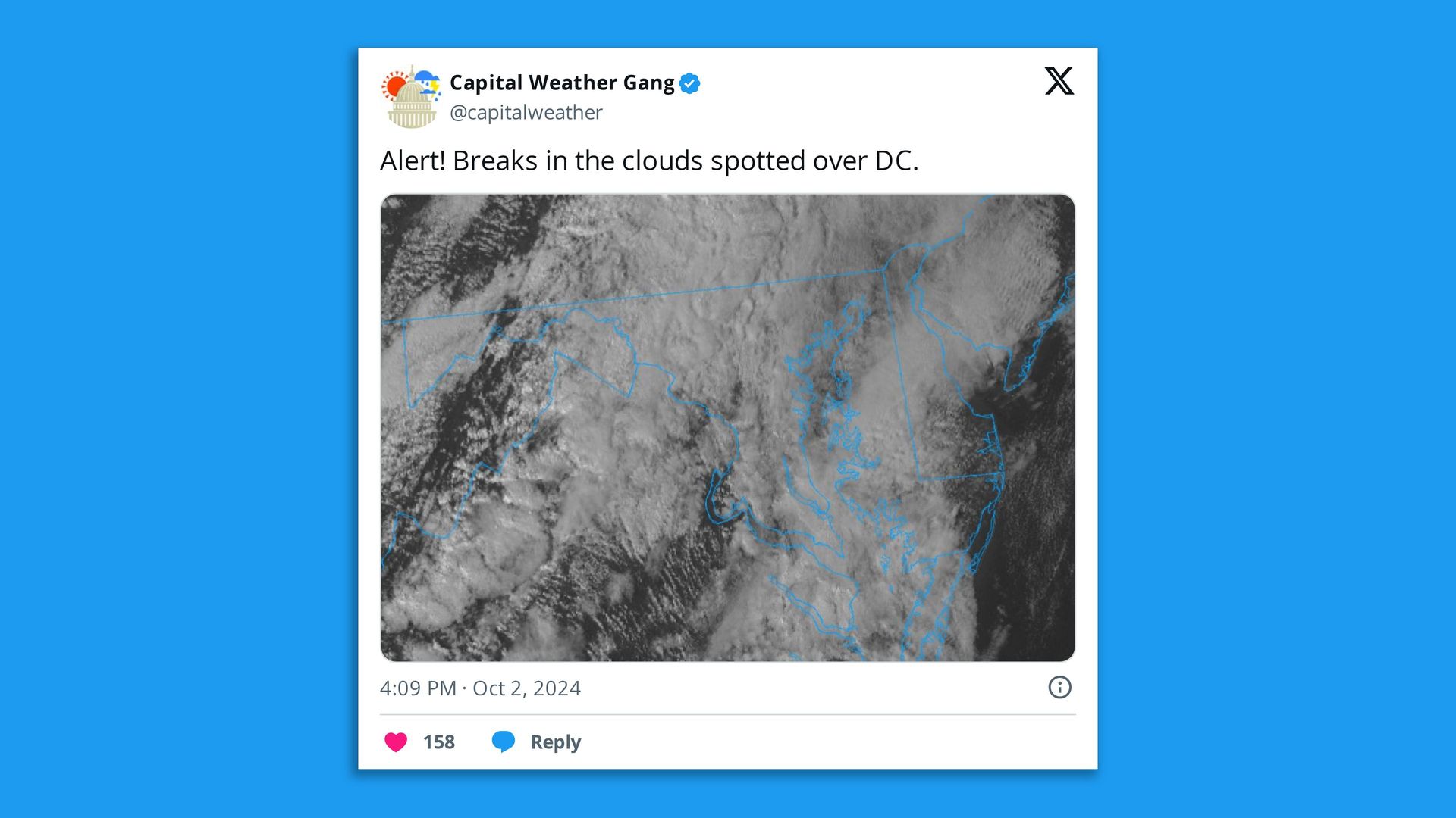A radar weather image showing cloud cover breaking in the D.C. area