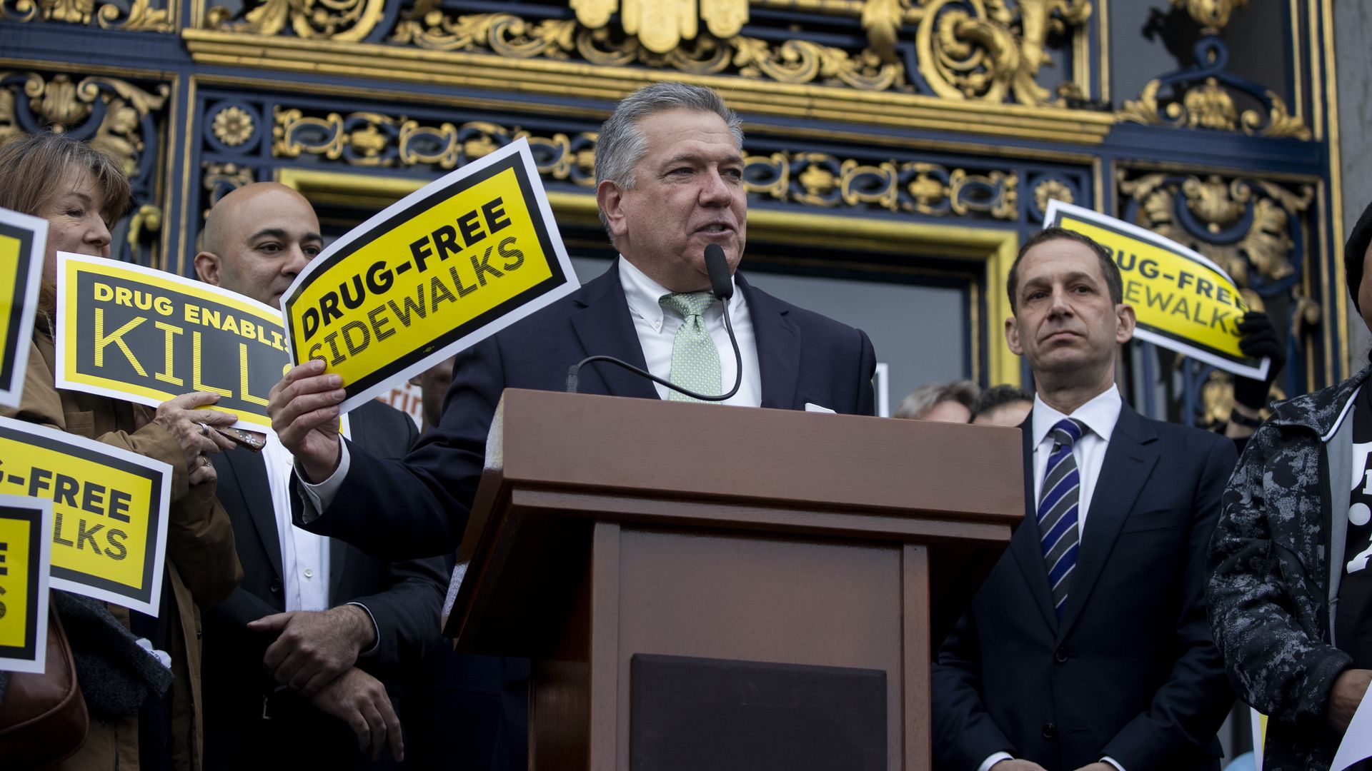 San Francisco District 6 Supervisor Matt Dorsey speaks during a rally in support of Mayor Daniel Lurie's Fentanyl State of Emergency Ordinance ahead of a hearing at the Board of Supervisors' Budget and Finance Committee in San Francisco, Wednesday, Jan. 29, 2025. (Photo by Stephen Lam/San Francisco 