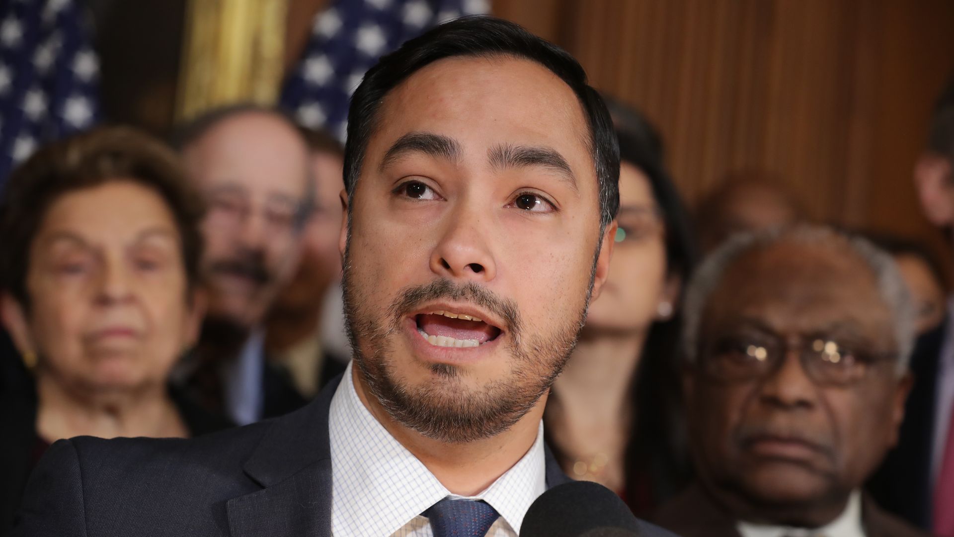  Rep. Joaquin Castro (D-TX) speaks during a news conference about the resolution he has sponsored to terminate President Donald Trump's emergency declaration February 25, 2019 in Washington, DC. 