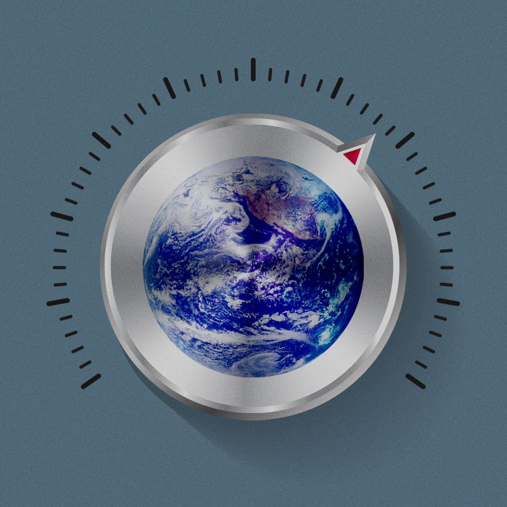Illustration of a metal dial with the Earth on it, turned upward.