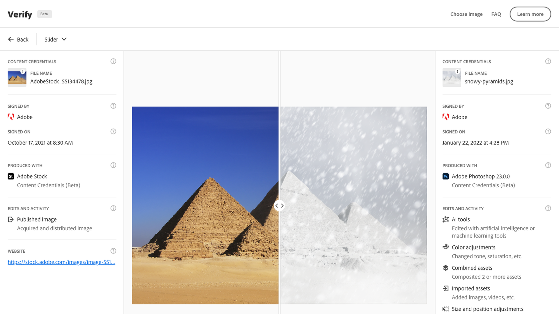 A screenshot of a tool that allows users to see what changes have been made to a photo since it was taken.